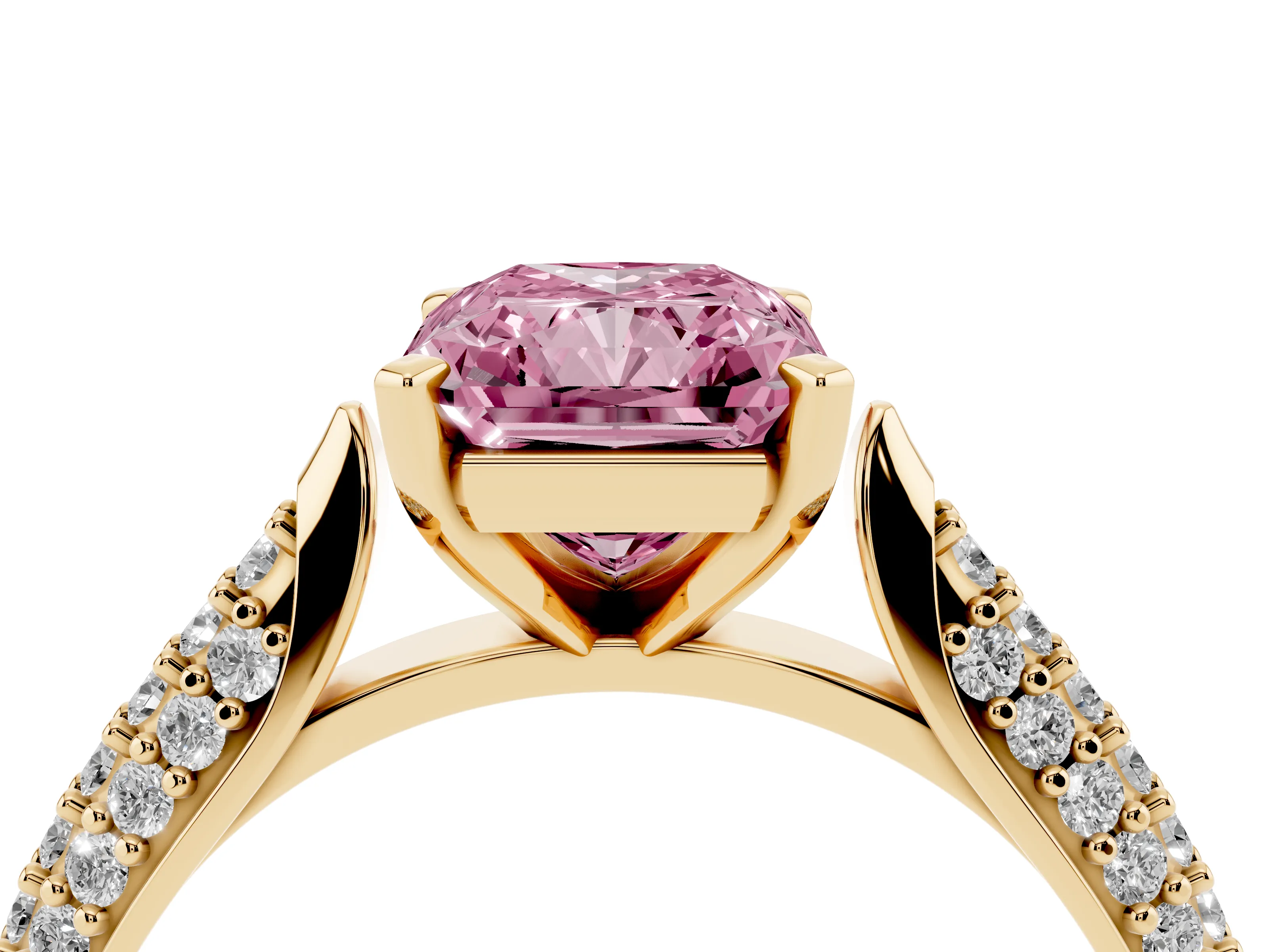 Fancy Pink Radiant Cut Diamond Solitaire Engagement Ring Set in Yellow gold with Multi-Row Round Pavé Band and Prong Setting