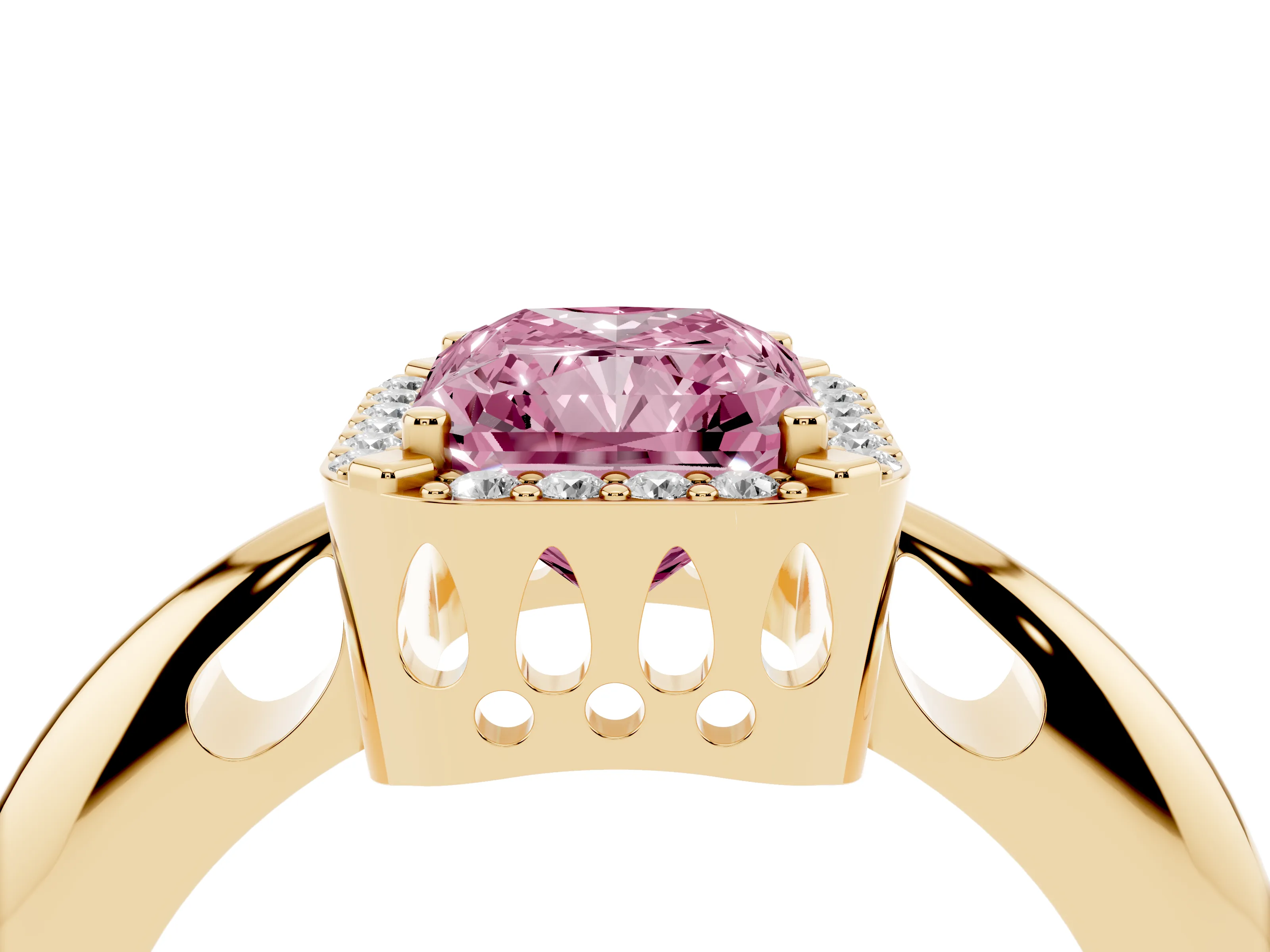 Fancy Pink Radiant Cut Diamond Halo Engagement Ring Set in Yellow gold with Plain Split Shank and Prong Setting