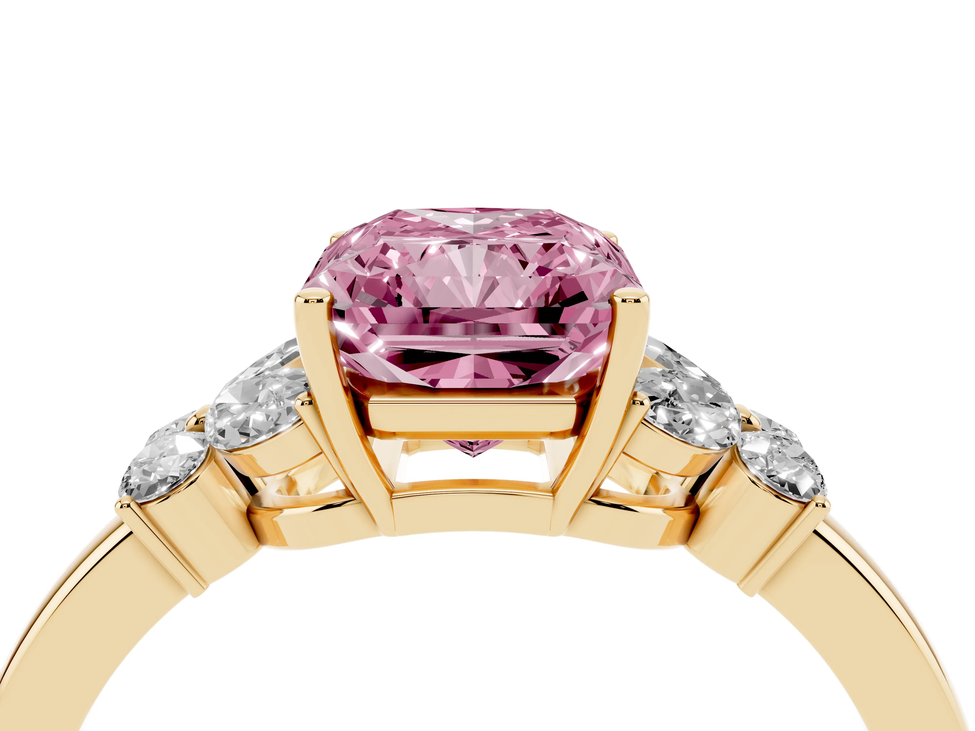 Fancy Pink Radiant Cut Diamond Solitaire Floral Ring Set in Yellow gold with Marquise Petals and Prong Setting