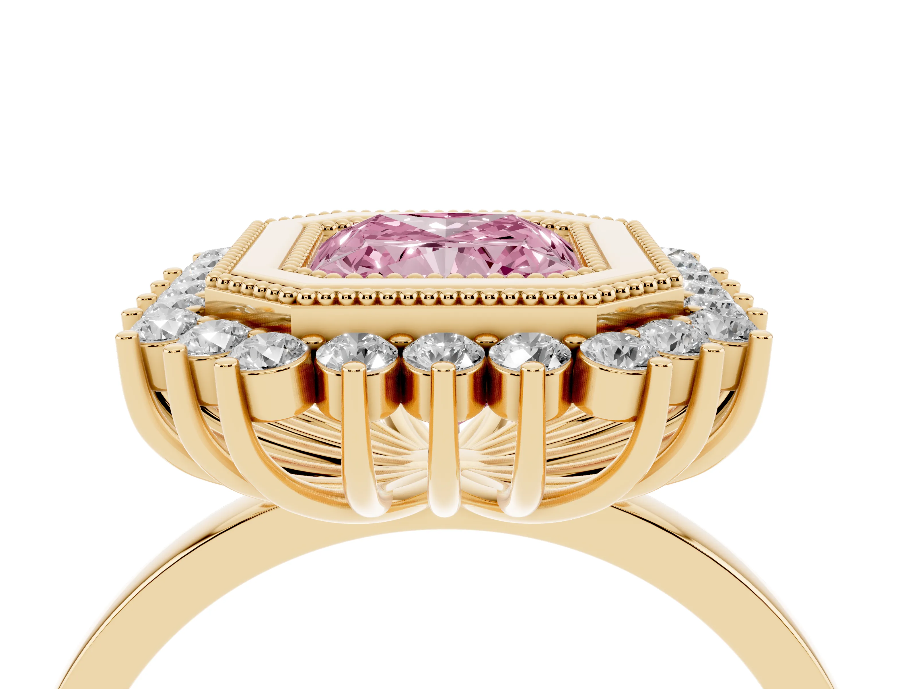 Fancy Pink Radiant Cut Diamond Halo Ring Set in Yellow gold with Milgrain Edge and Round Prong Setting