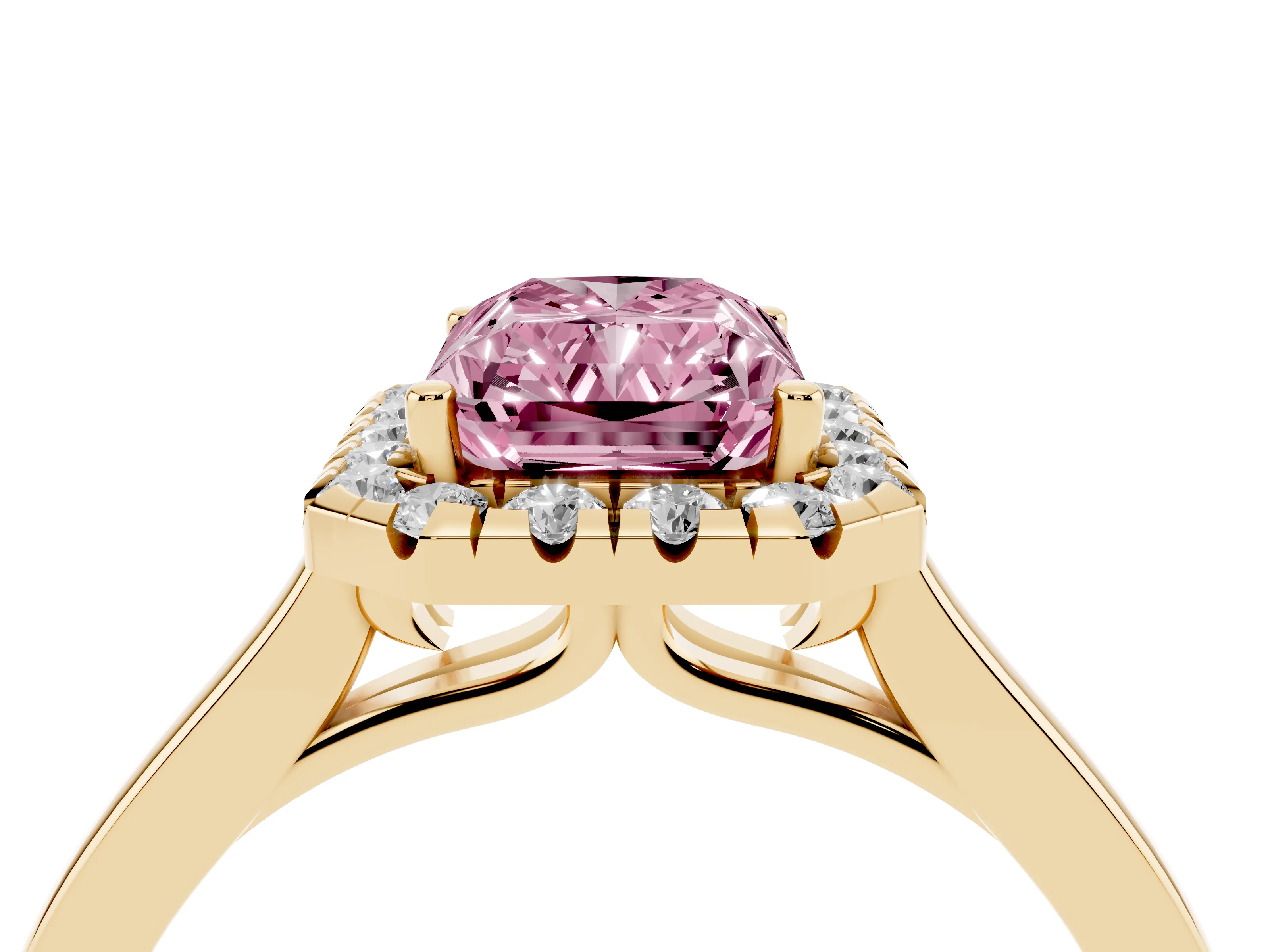 Fancy Pink Radiant Cut Halo Round Diamond Solitaire Ring Set in Yellow gold with Pavé Band and Prong Setting