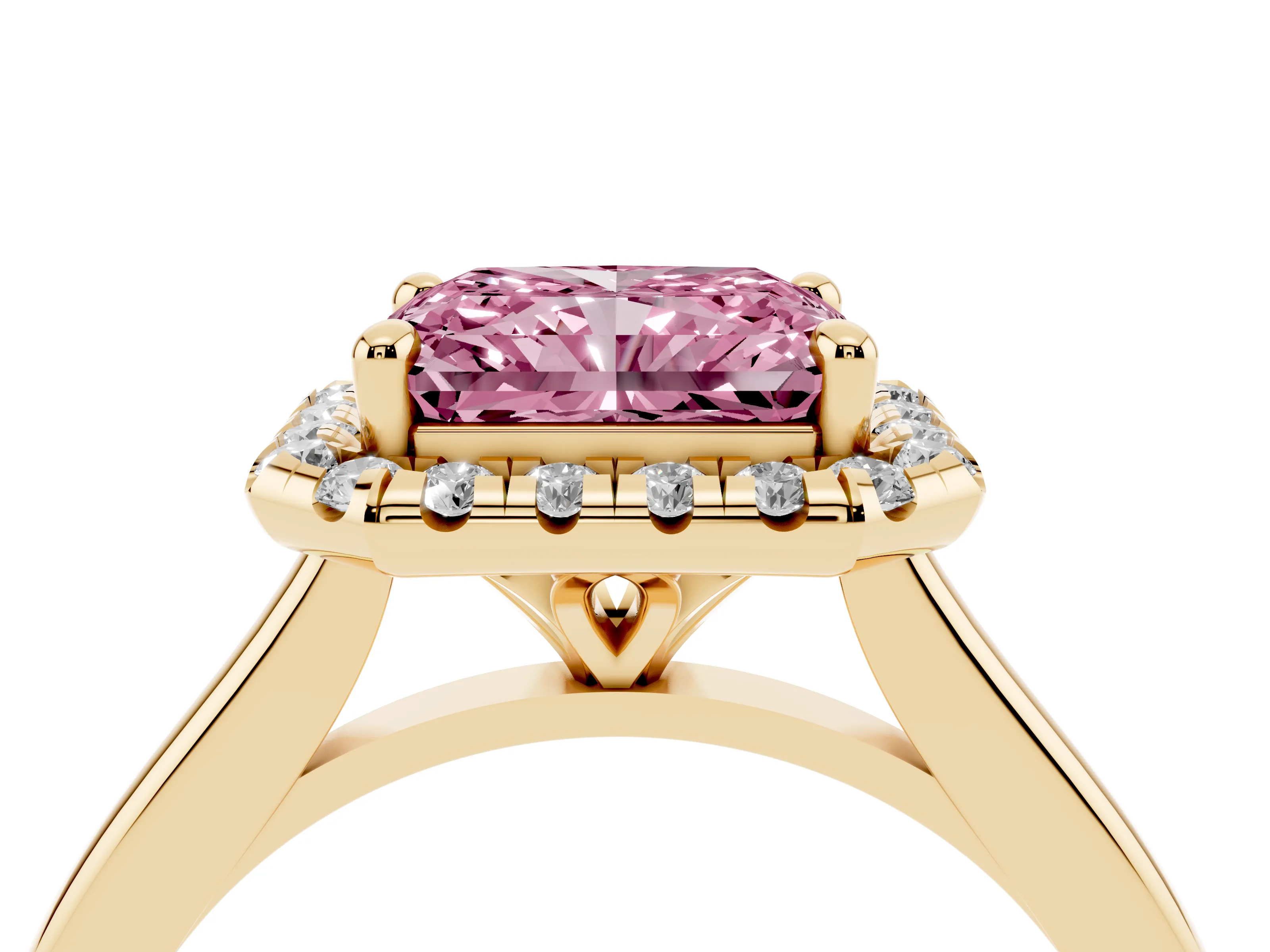 Fancy Pink Radiant Cut Diamond Halo Engagement Ring Set in Yellow gold with Pavé Band and Rising Shoulders