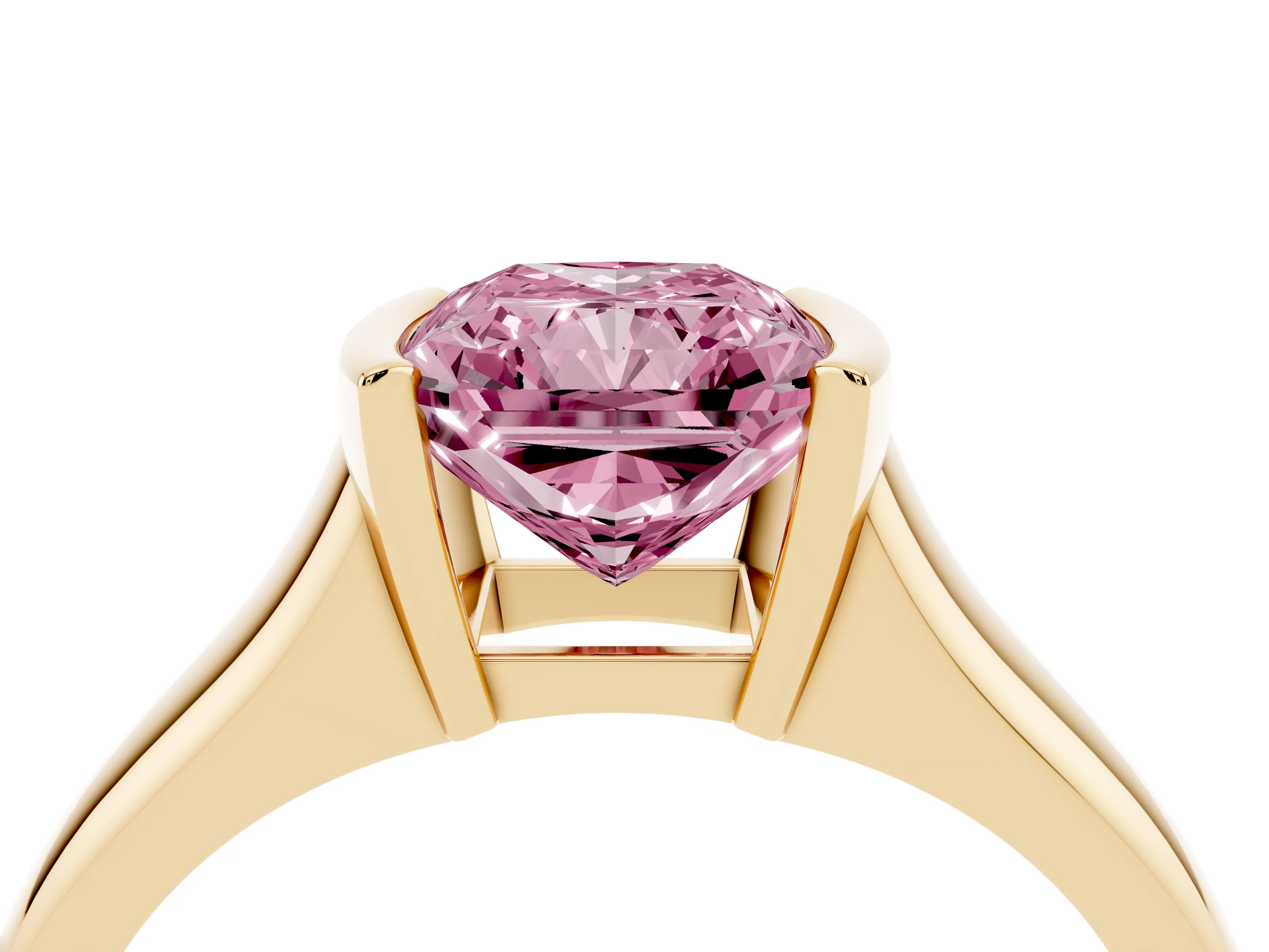 Fancy Pink Radiant Cut Diamond Solitaire Tension Set Ring Set in Yellow gold with Split Shank Band