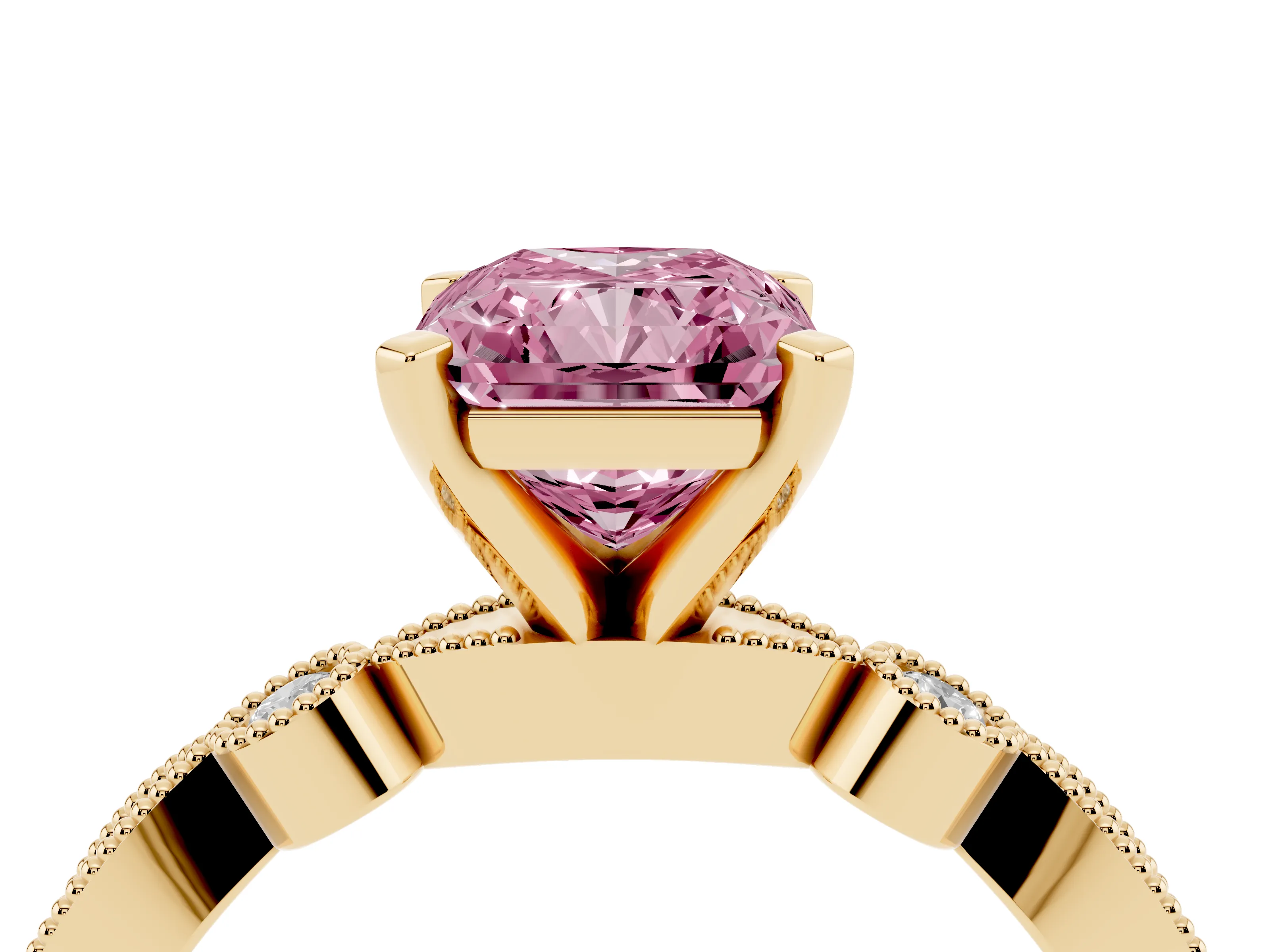 Fancy Pink Radiant Cut Diamond Solitaire Engagement Ring Set in Yellow gold with Milgrain Bezel Accent Band