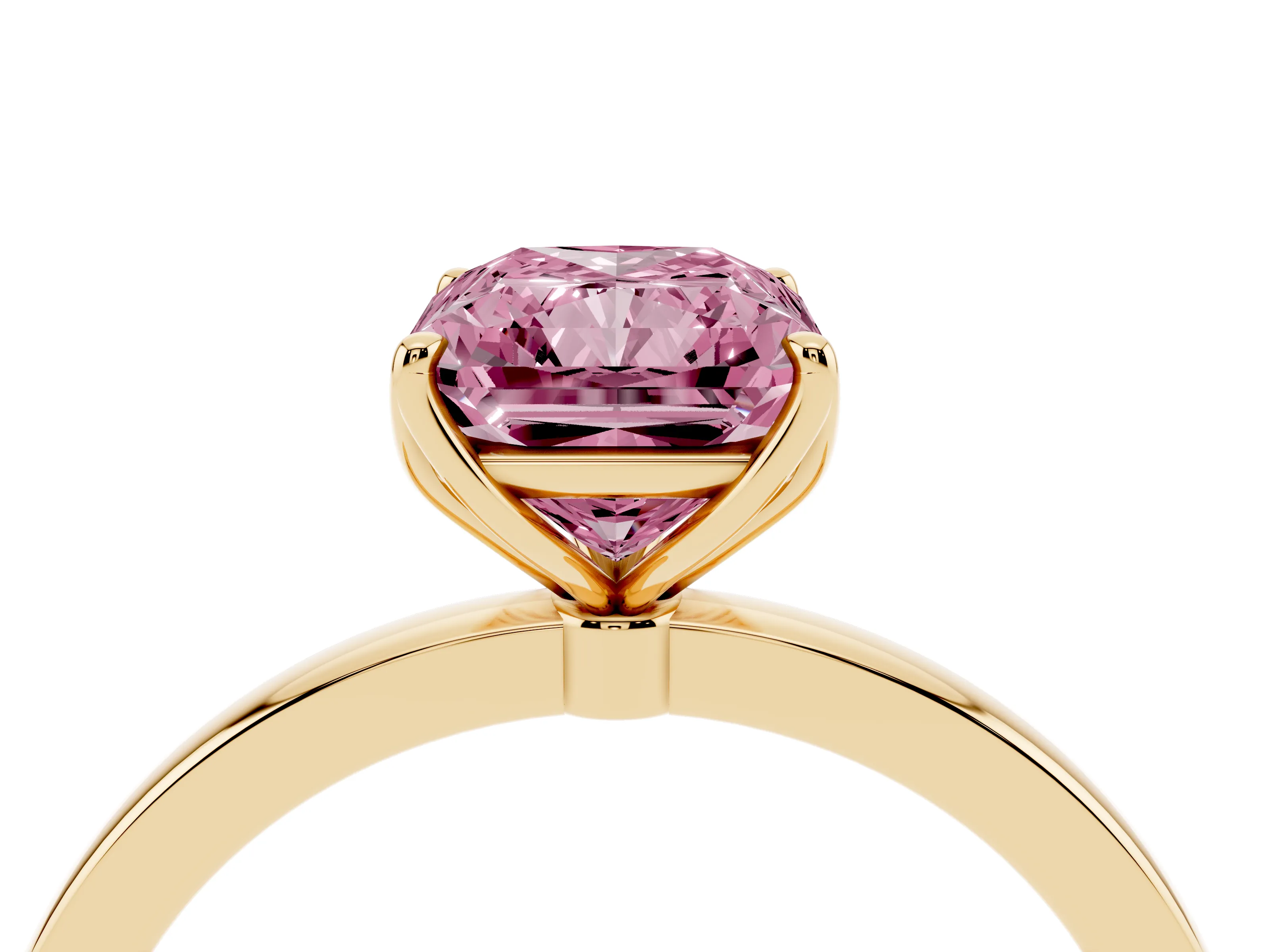 Fancy Pink Radiant Cut Diamond Solitaire Ring Set in Yellow gold with Prong Setting and Thin Polished Band