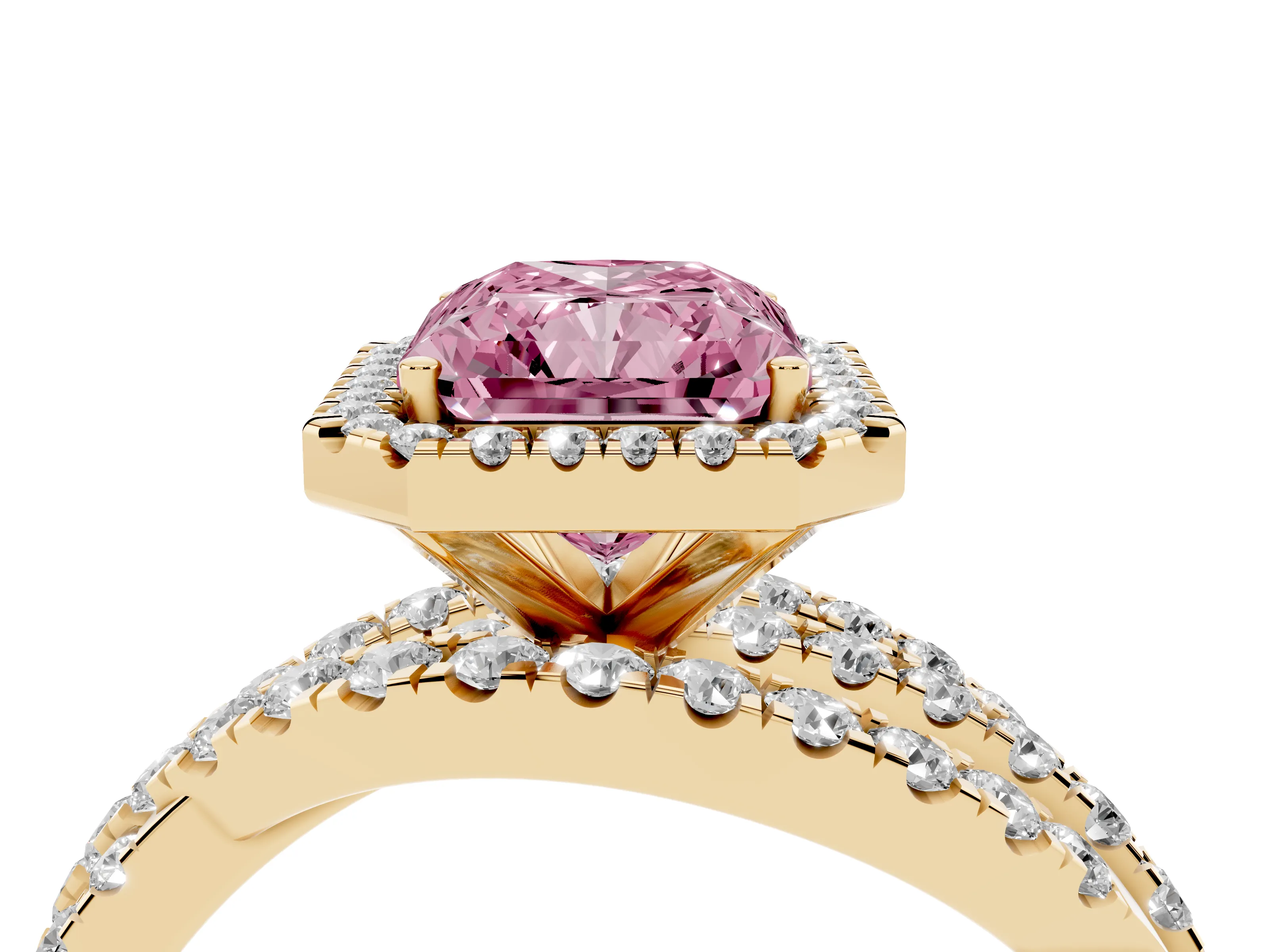 Fancy Pink Radiant Cut Diamond Halo Ring Set in Yellow gold with Round Crossover Split Shank and Prong Setting