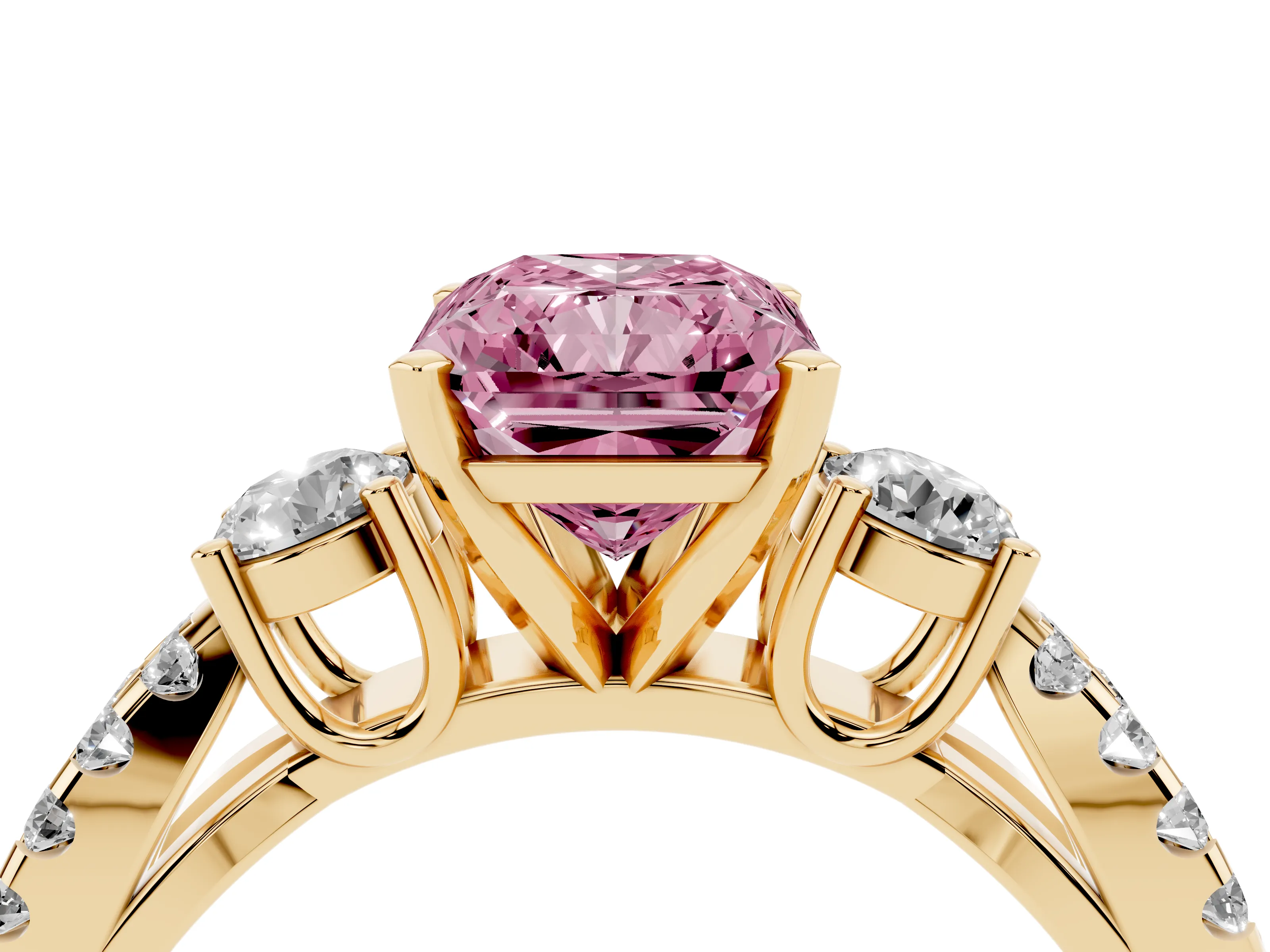 Fancy Pink Radiant Cut Diamond Three-Stone Ring Set in Yellow gold with Pavé Split Shank and Prong Setting