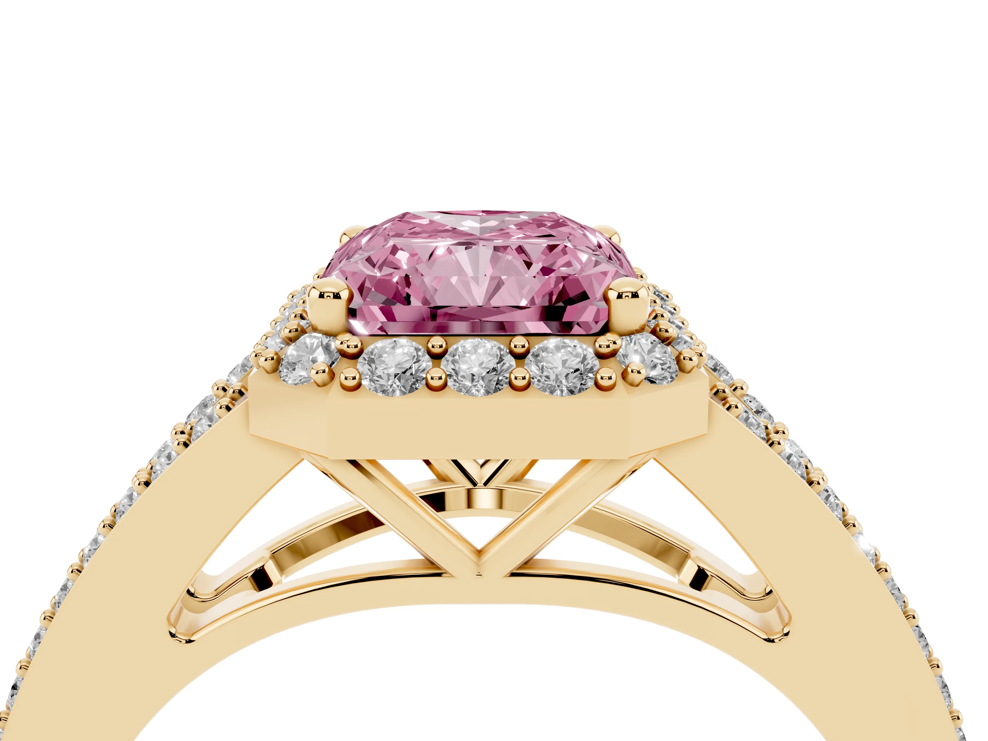 Fancy Pink Radiant Cut Diamond Halo Split Shank Pavé Ring Set in Yellow gold with Prong Setting