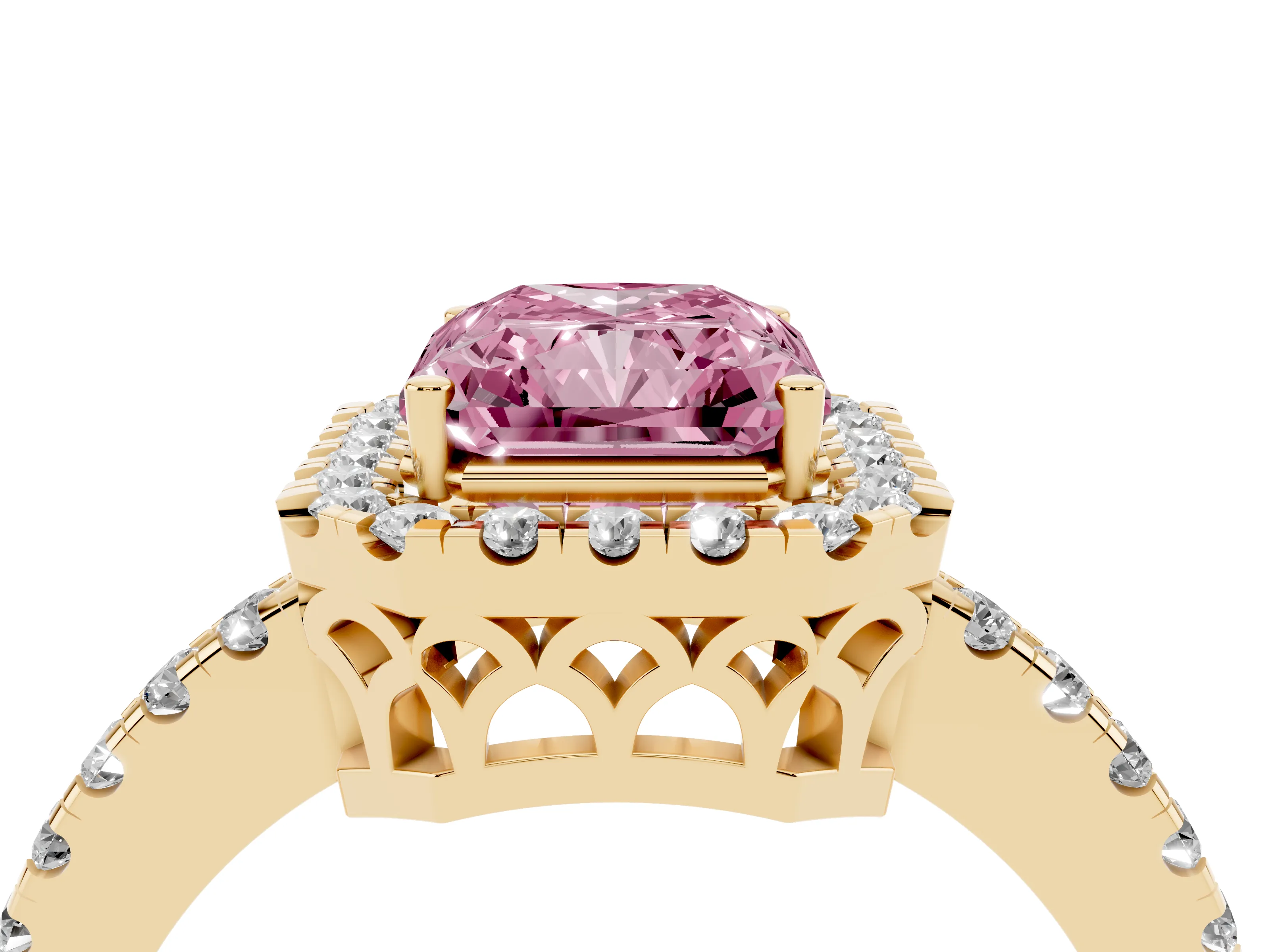 Fancy Pink Radiant Cut Diamond Pavé Band Halo Engagement Ring Set in Yellow gold with Prong Setting