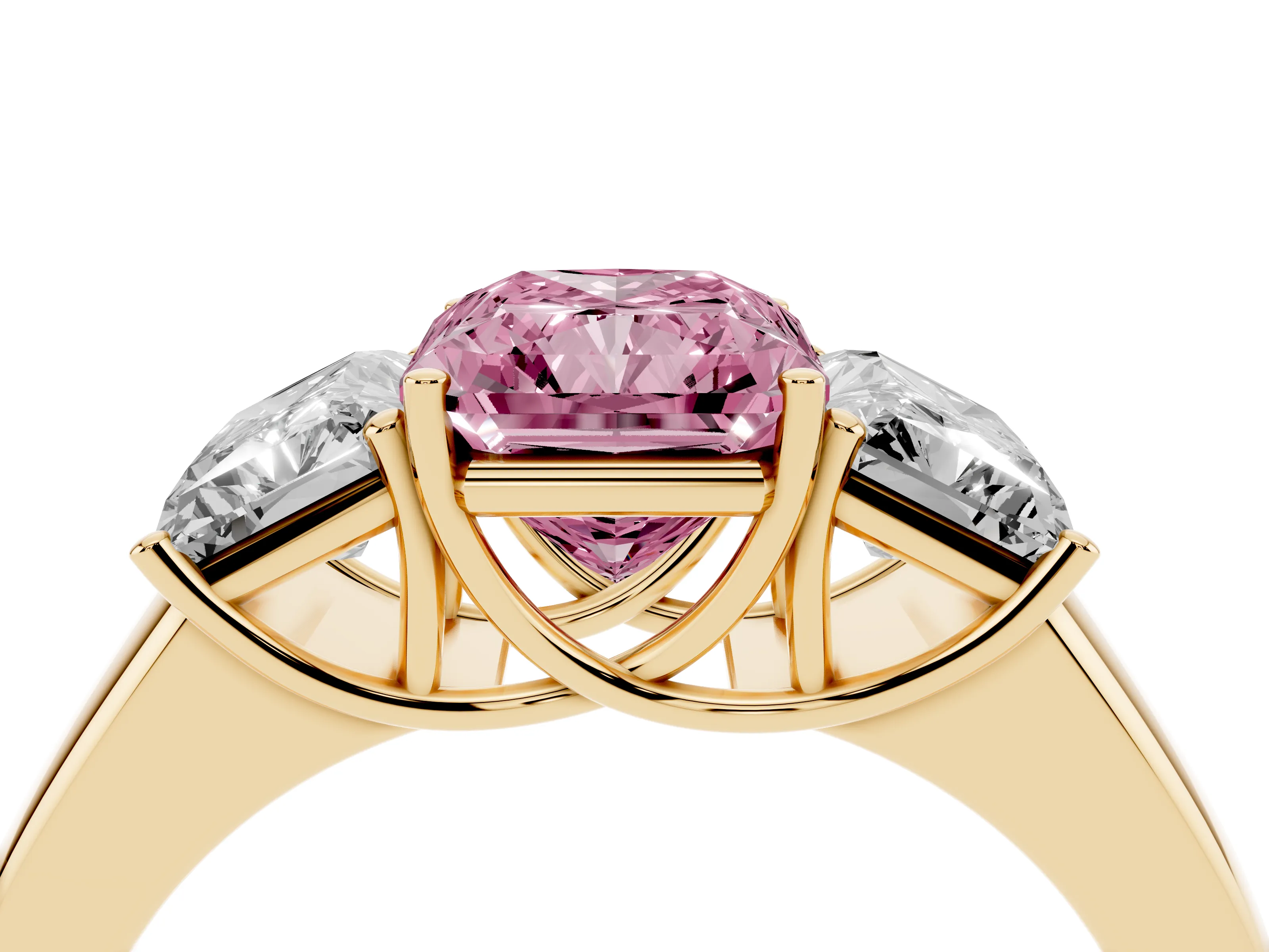 Fancy Pink Three-Stone Radiant Cut Diamond Ring Set in Yellow gold with Matching Prong Settings and Plain Band