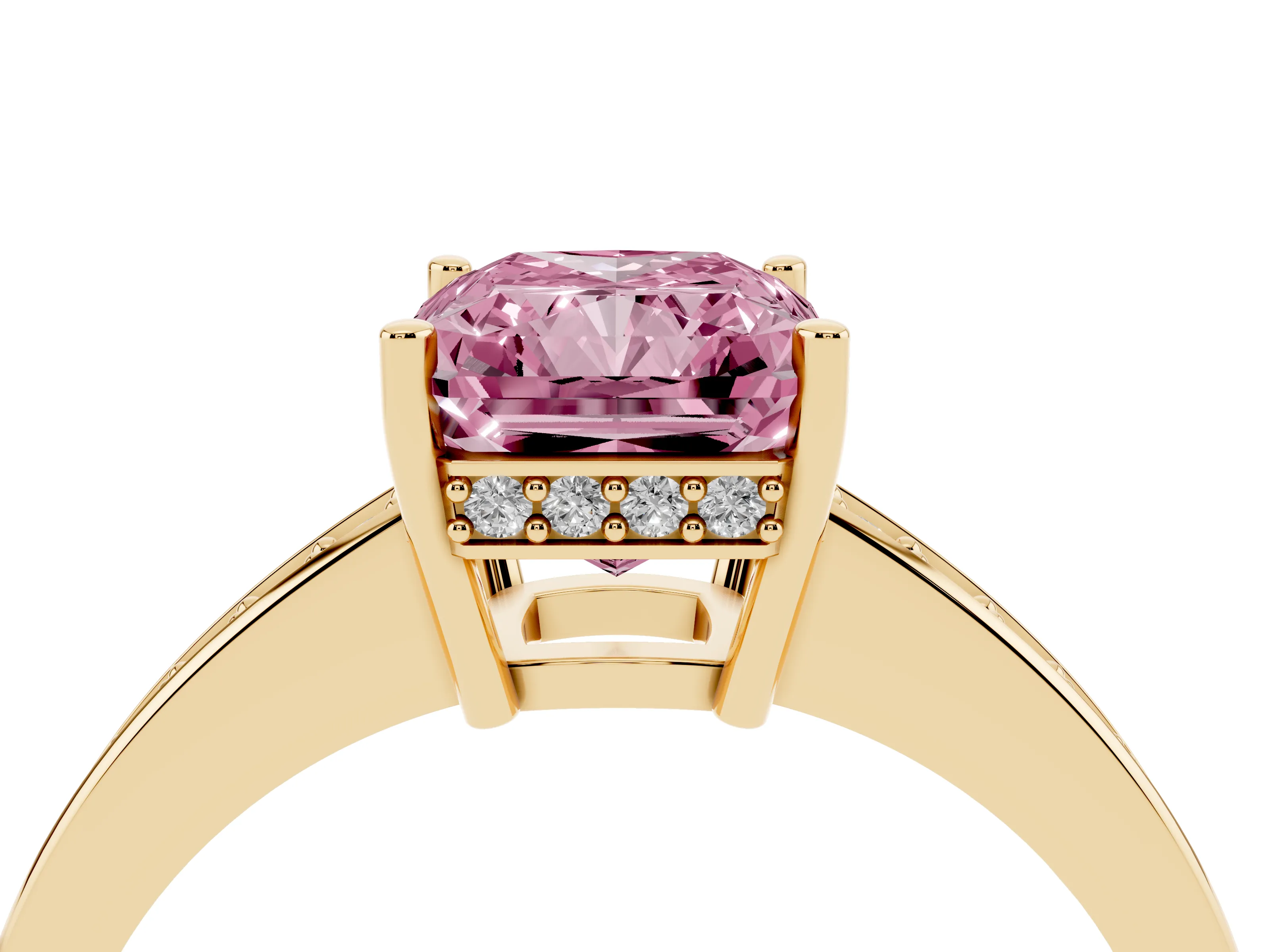 Fancy Pink Radiant Cut Diamond Pavé Band Prong Set Solitaire Ring Set in Yellow gold
