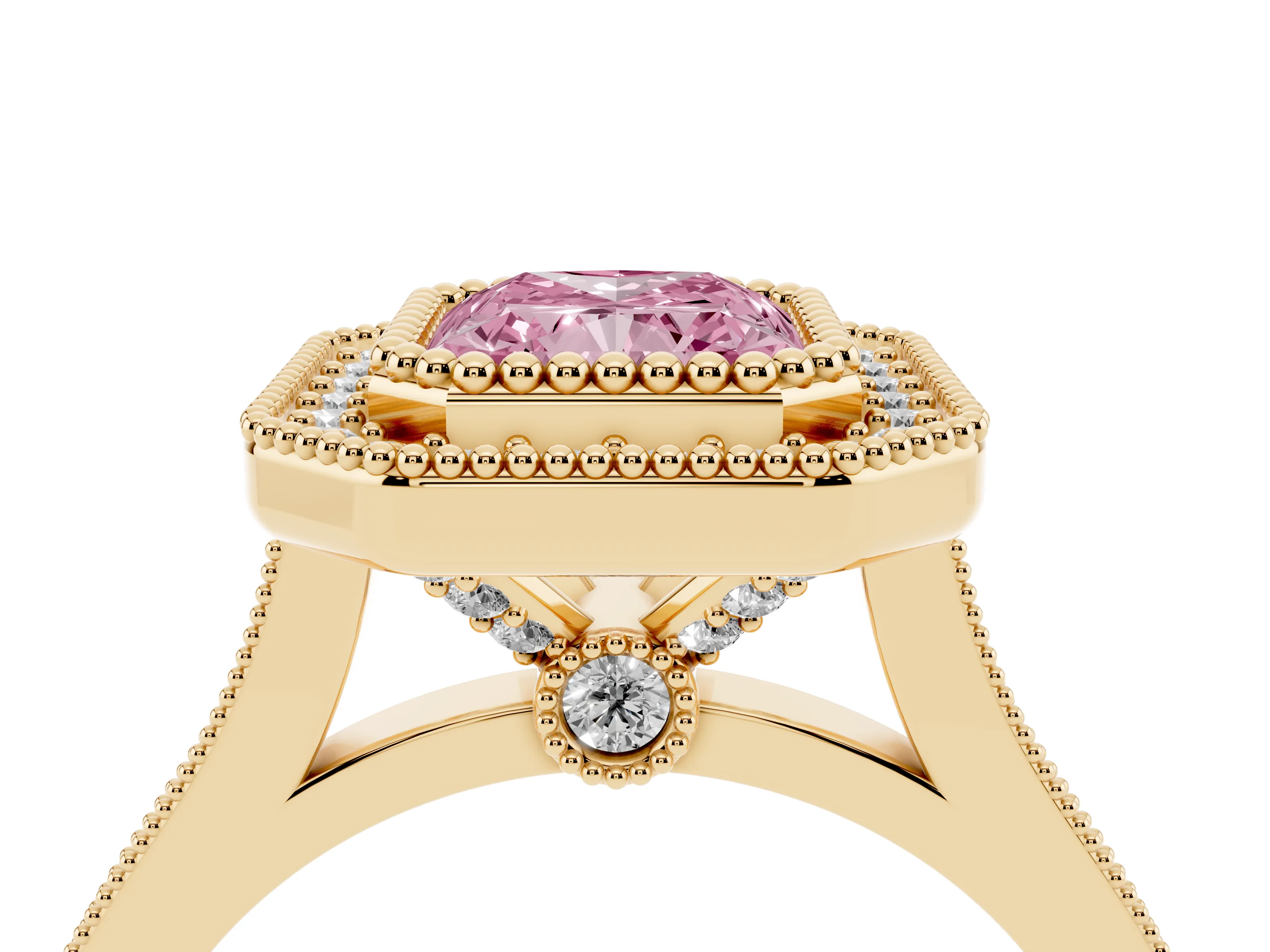 Fancy Pink Radiant Cut Diamond Halo Ring Set in Yellow gold with Milgrain Frame and Pavé Band