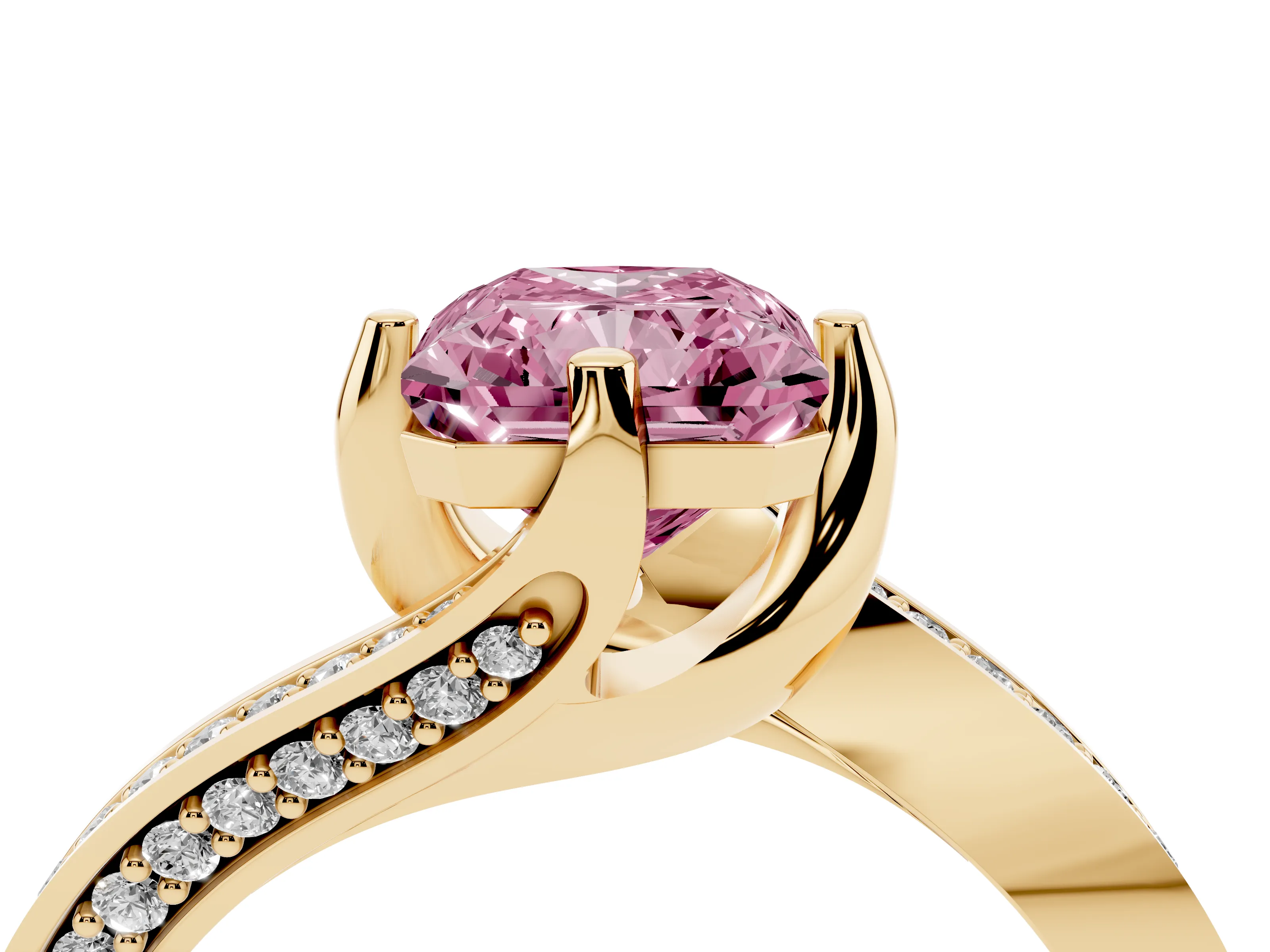 Fancy Pink Radiant Cut Diamond Solitaire Ring Set in Yellow gold with Intertwined Pavé Twist Band