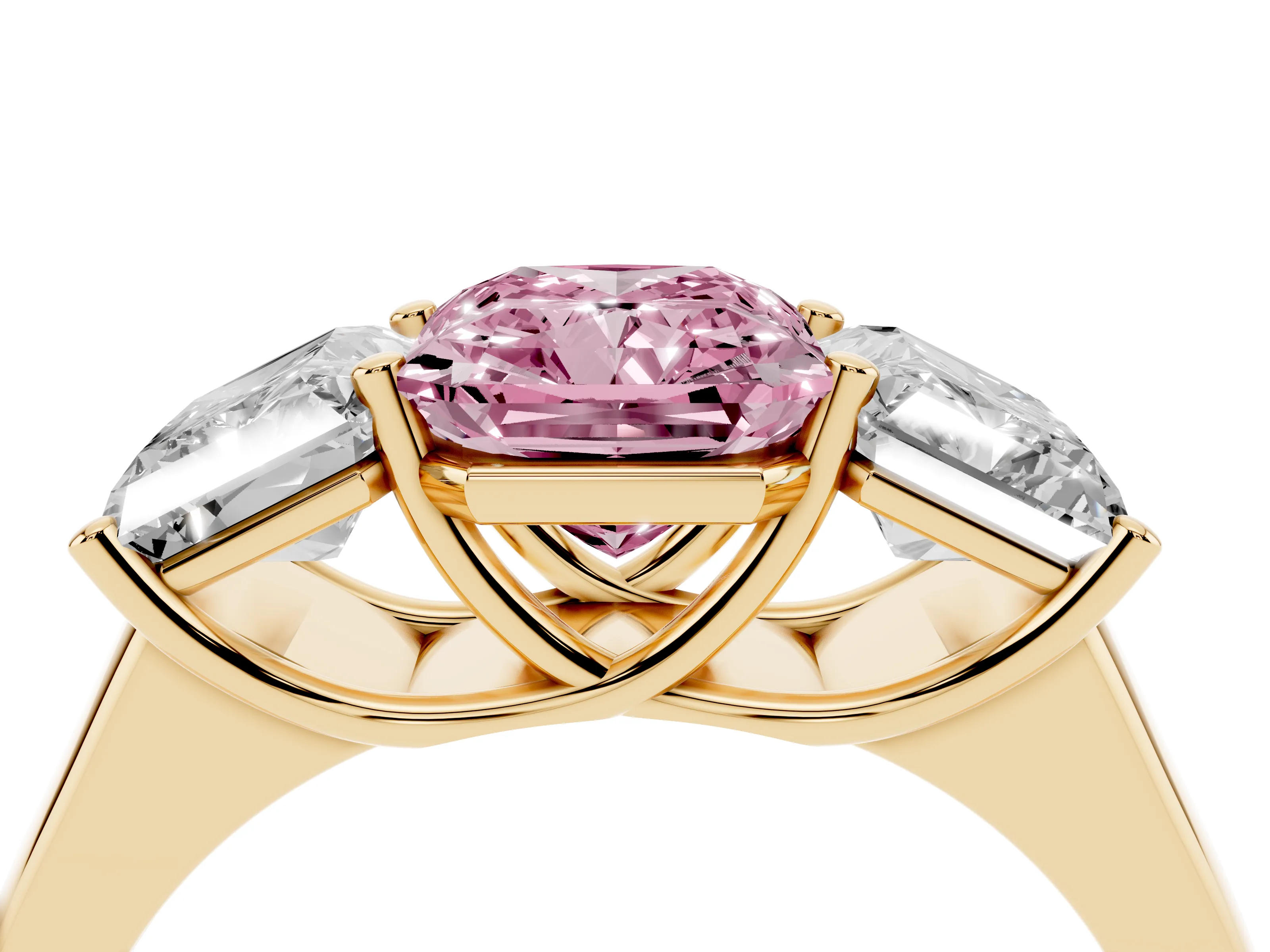 Fancy Pink Radiant Cut Diamond Three-Stone Ring Set in Yellow gold with Plain Polished Band