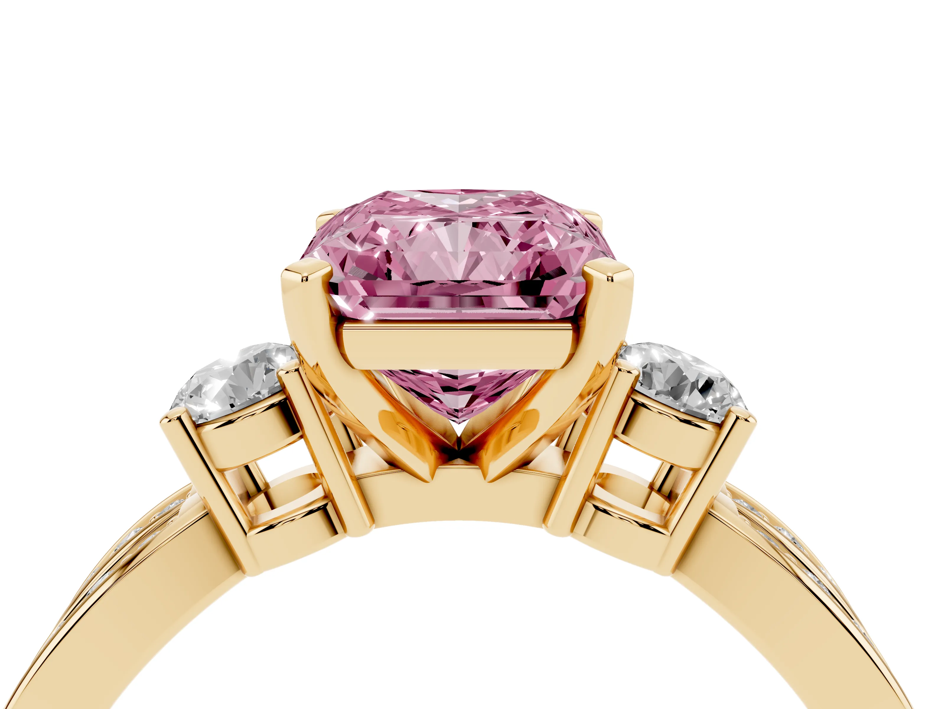 Fancy Pink Three-Stone Radiant Cut Diamond Twist Band Ring Set in Yellow gold with Pavé Accents and Prong Setting