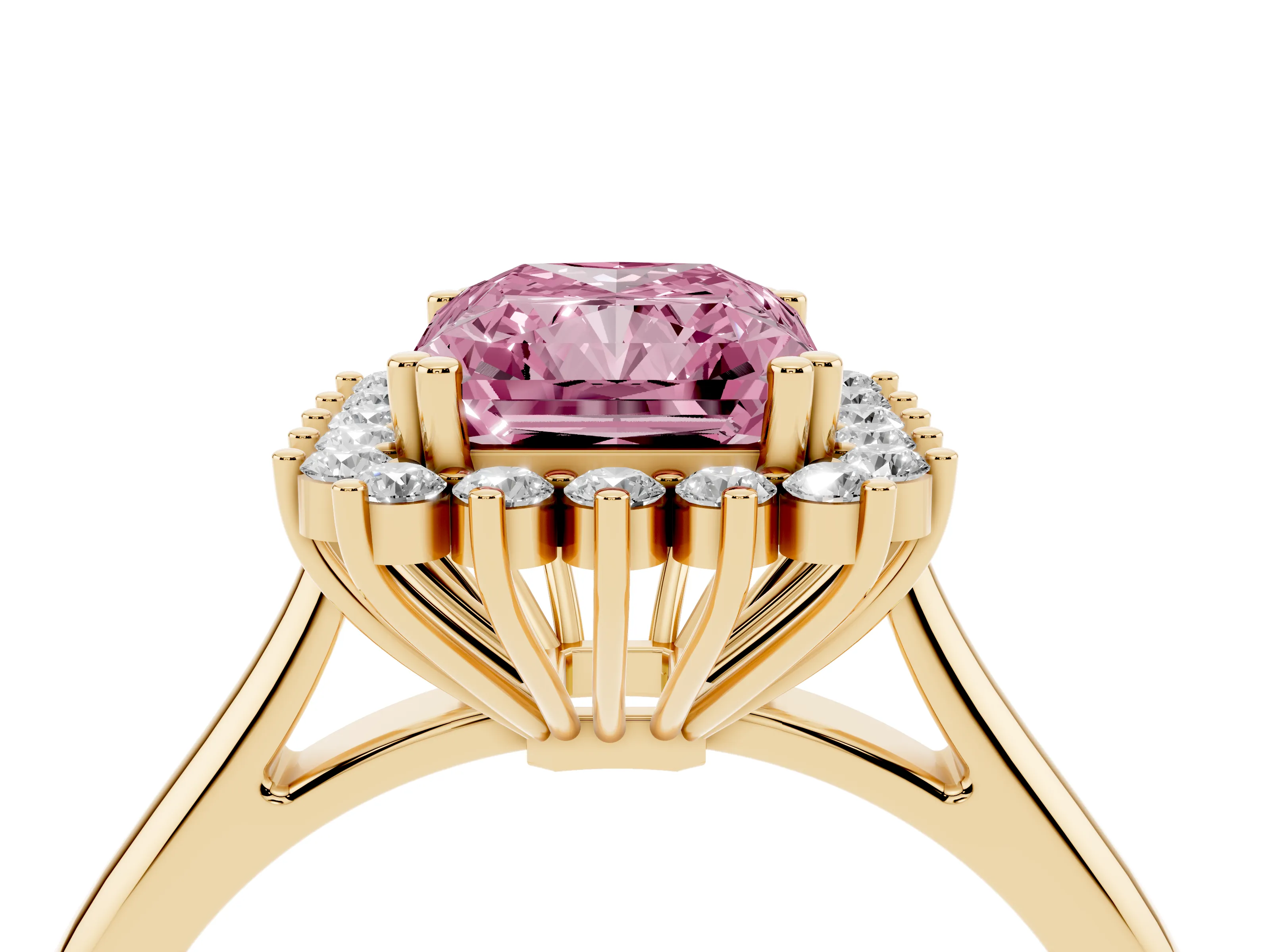Fancy Pink Radiant Cut Diamond Halo Ring Set in Yellow gold with Plain Solitaire Band and Prong Setting