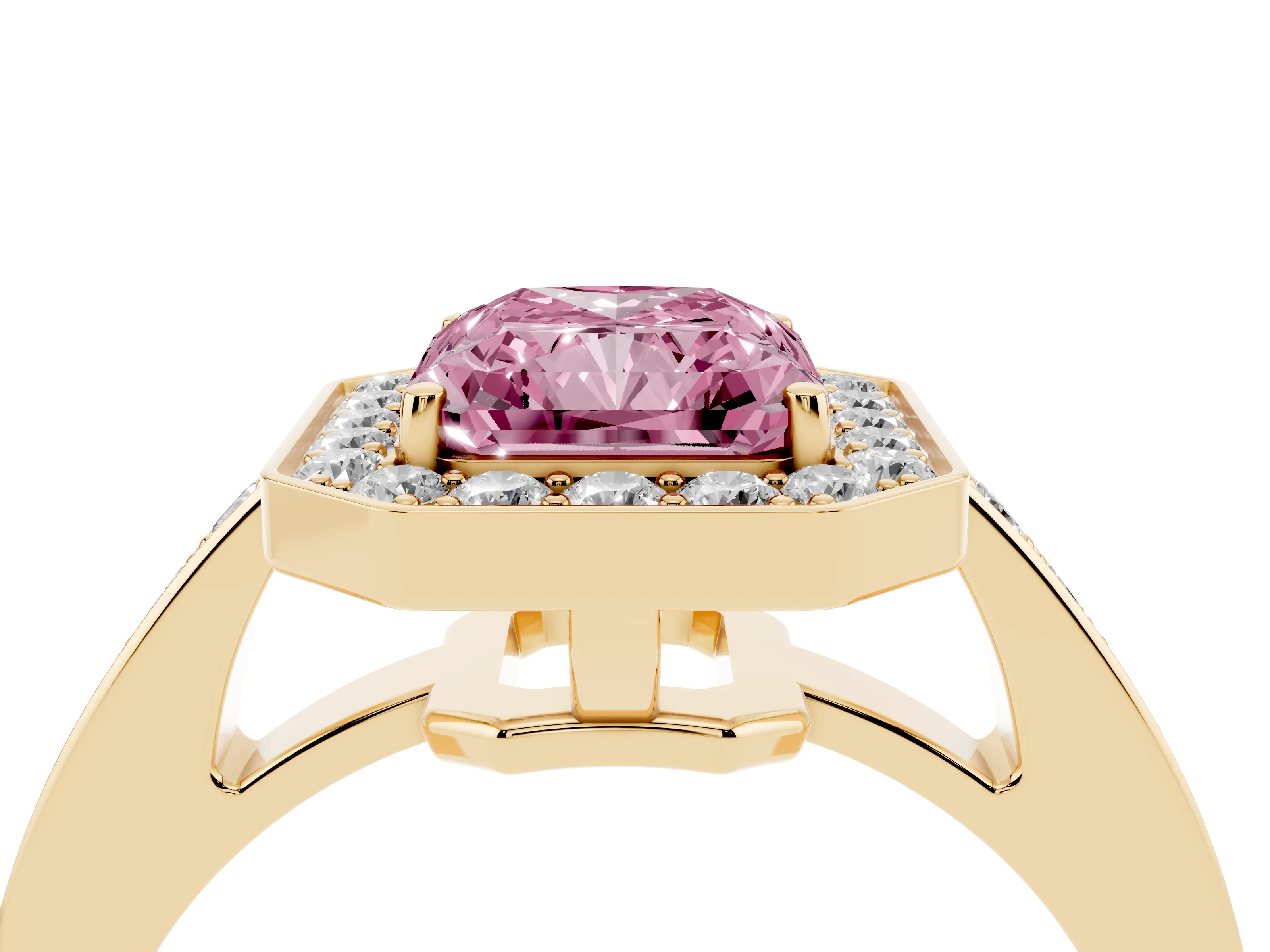 Fancy Pink Radiant Cut Diamond Halo Pavé Engagement Ring Set in Yellow gold with Bezel Setting