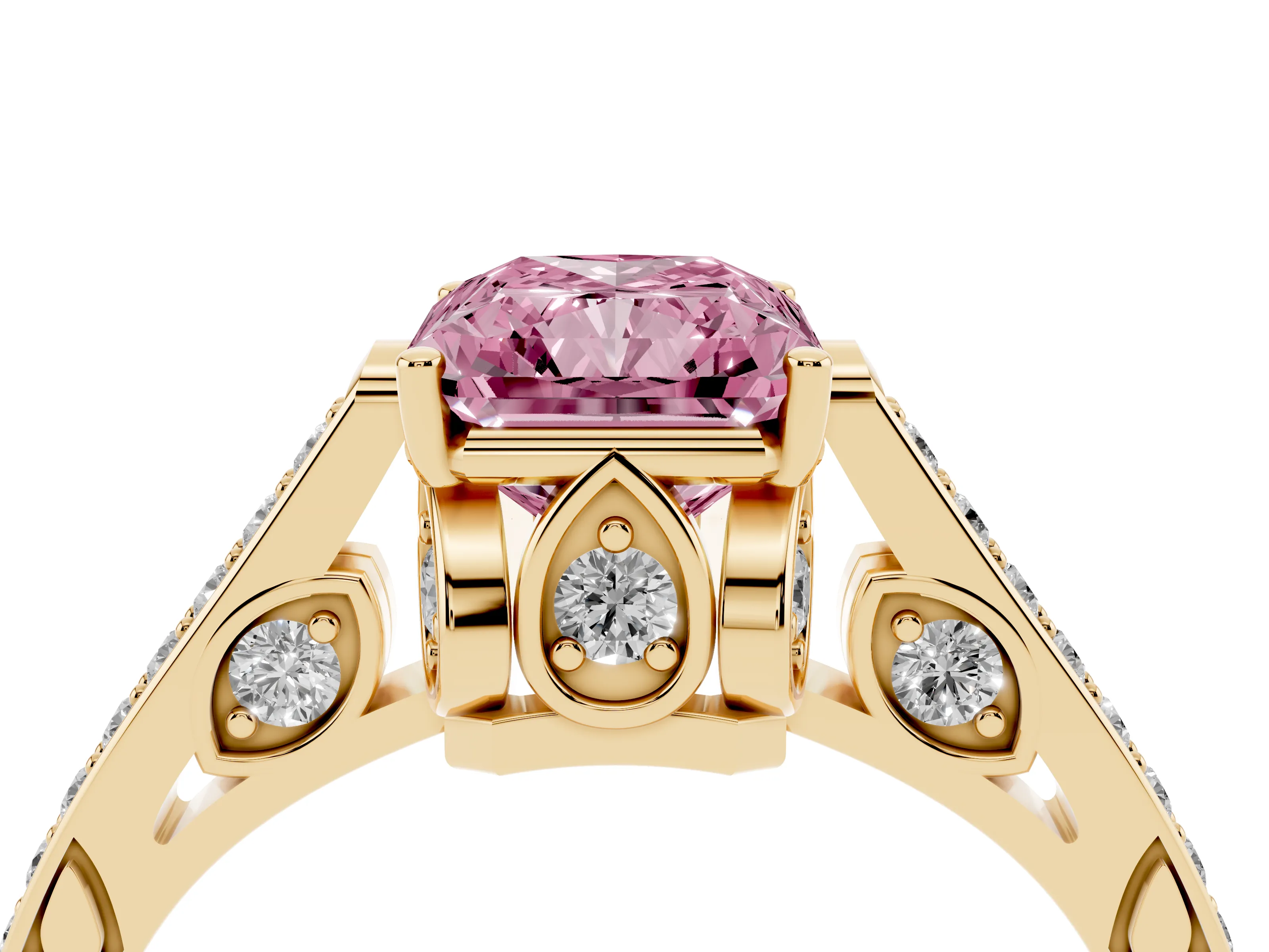 Fancy Pink Radiant Cut Diamond Cathedral Pavé Engagement Ring Set in Yellow gold with Prong Setting