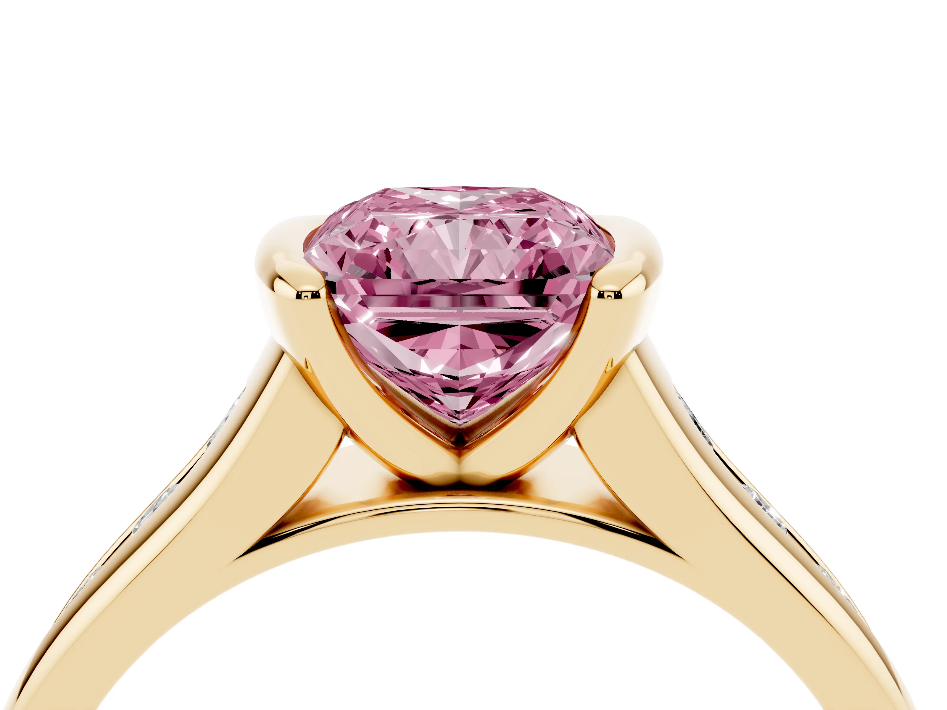 Fancy Pink Radiant Cut Diamond Bezel-Set Solitaire Ring Set in Yellow gold with Channel-Set Band
