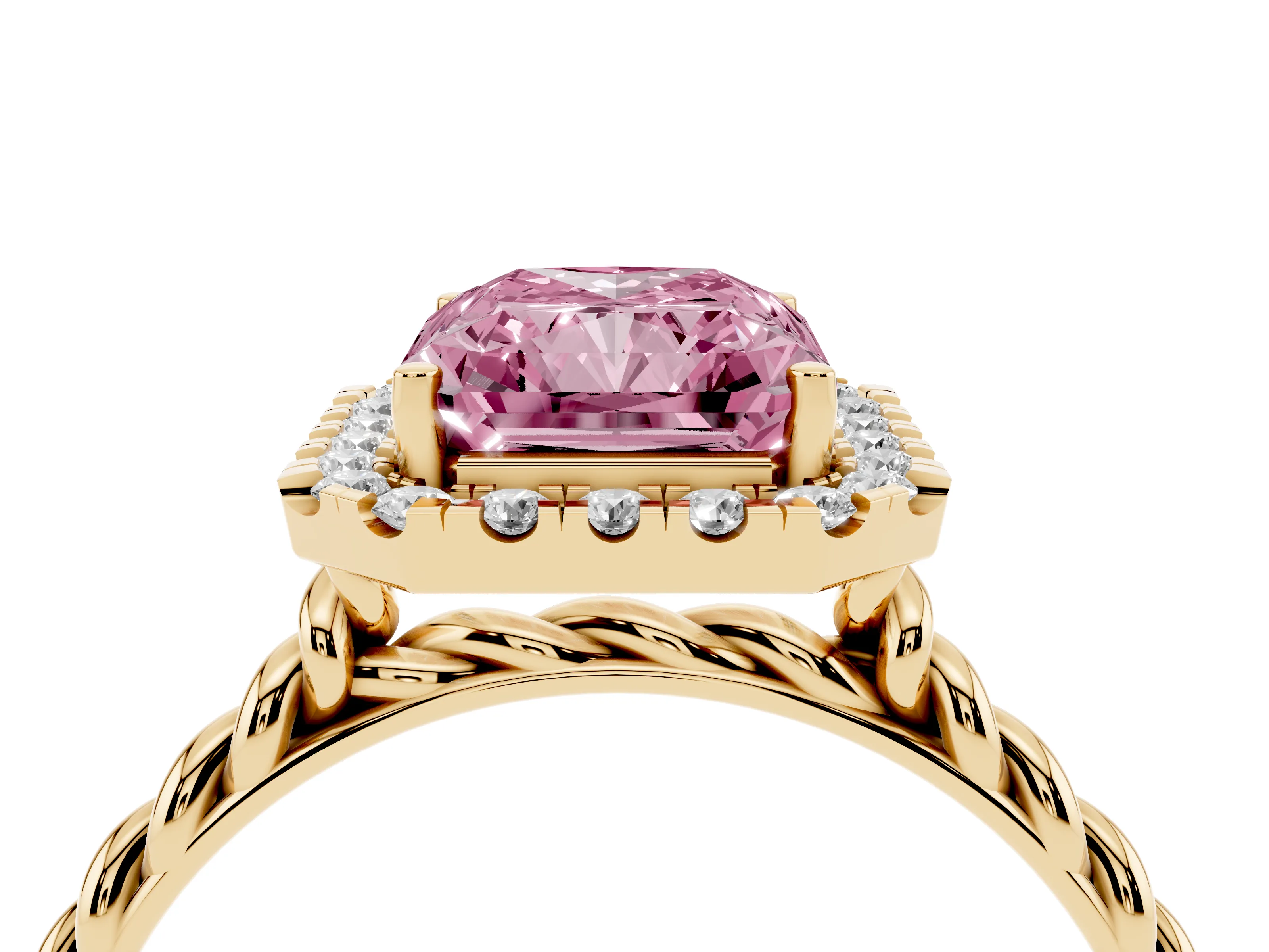 Fancy Pink Radiant Cut Diamond Halo Ring Set in Yellow gold with Plain Twisted Band