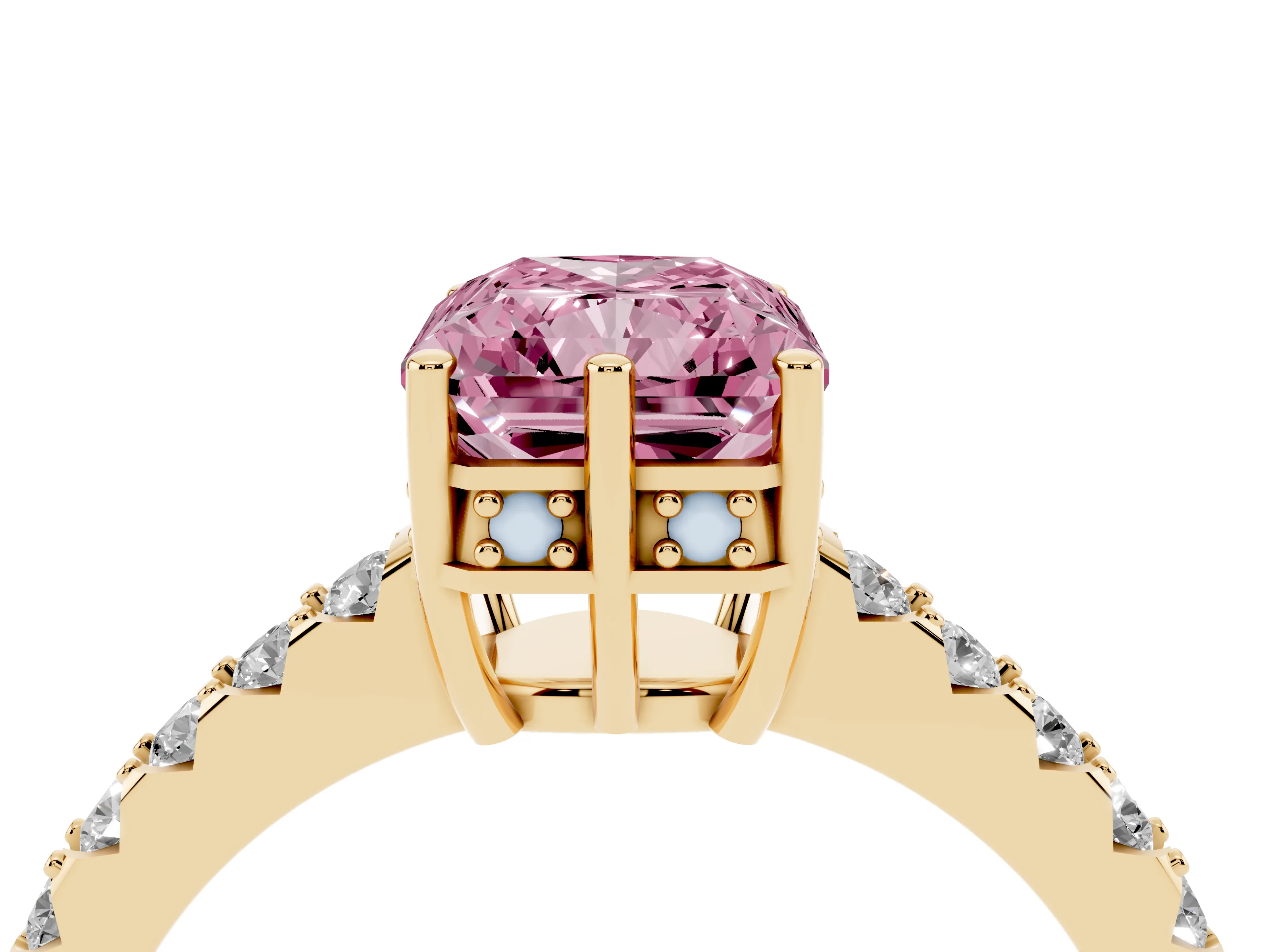 Fancy Pink Radiant Cut Diamond Solitaire Engagement Ring Set in Yellow gold with Pavé Band and Prong Setting