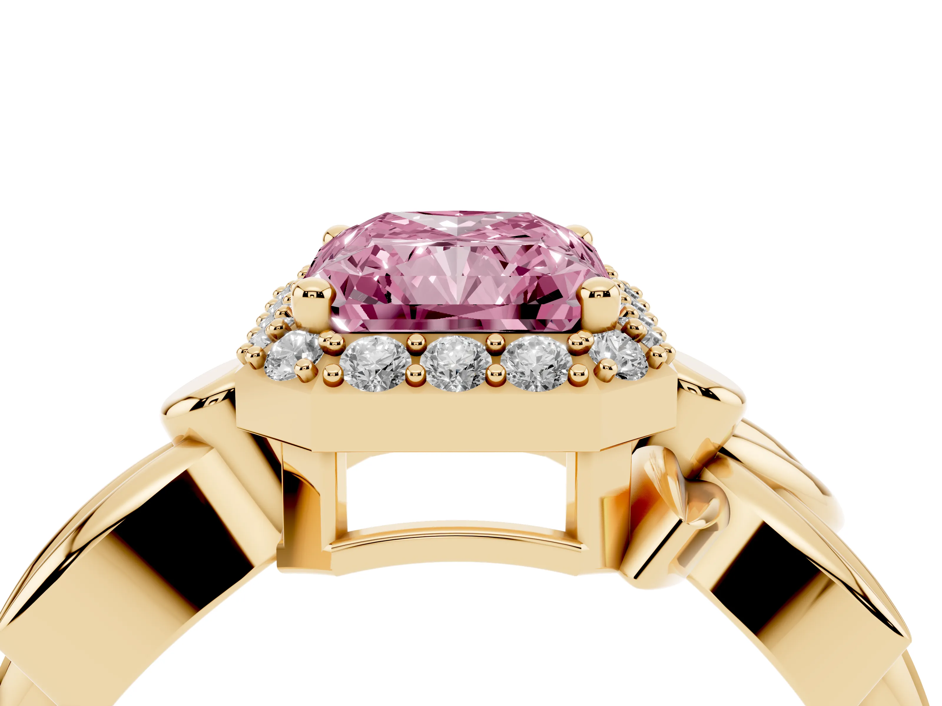 Fancy Pink Radiant Cut Diamond Halo Floral Band Ring Set in Yellow gold with Prong Setting