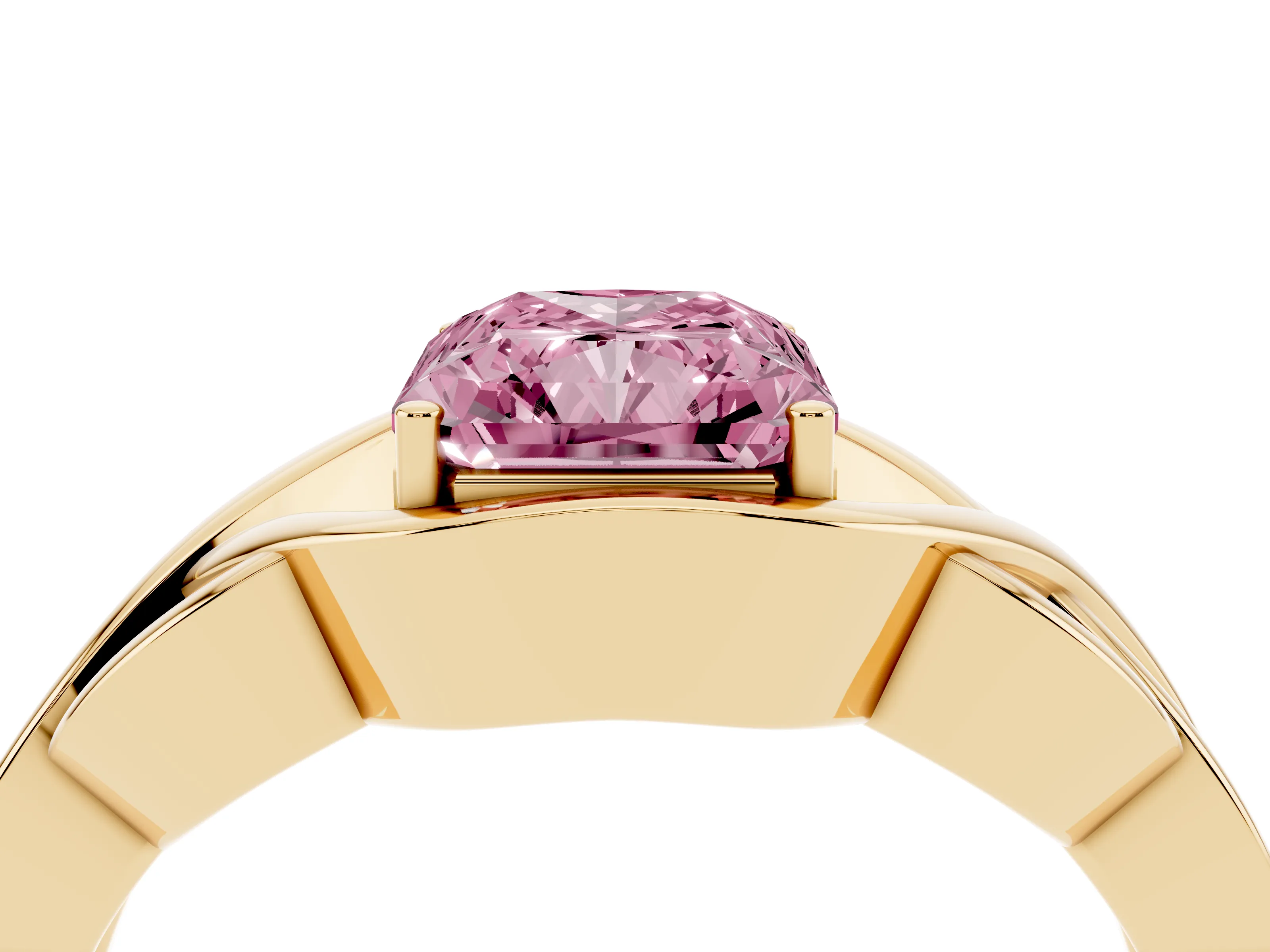 Fancy Pink Radiant Cut Diamond Solitaire Ring Set in Yellow gold with Intertwined Band