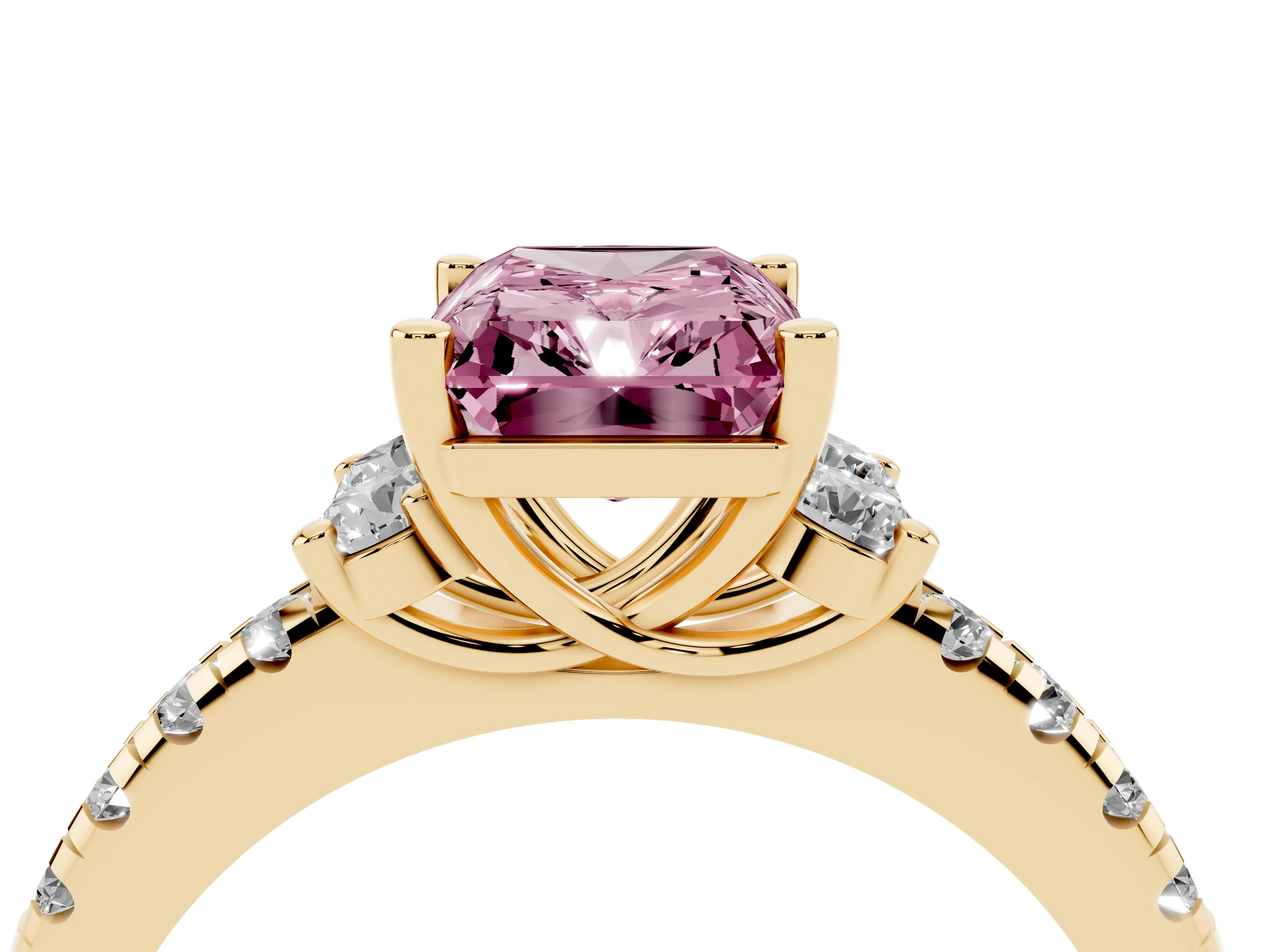 Fancy Pink Radiant Cut Diamond Three-Stone Pavé Ring Set in Yellow gold with Prong Setting