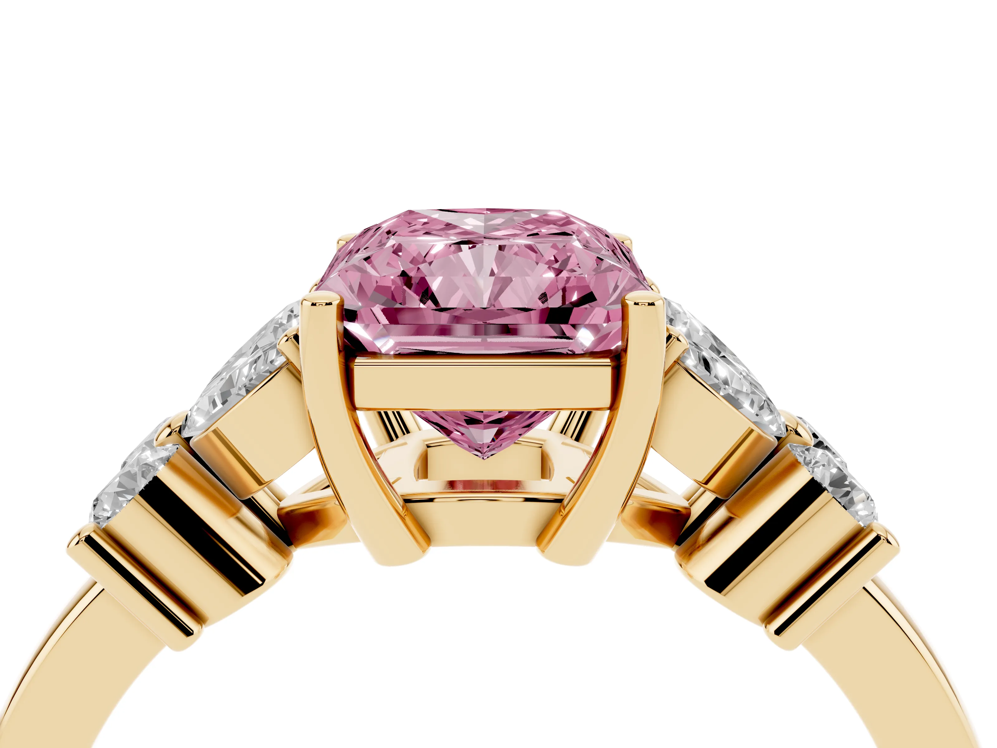 Fancy Pink Radiant Cut Diamond Floral Cluster Ring Set in Yellow gold with Marquise Petals and Prong Setting