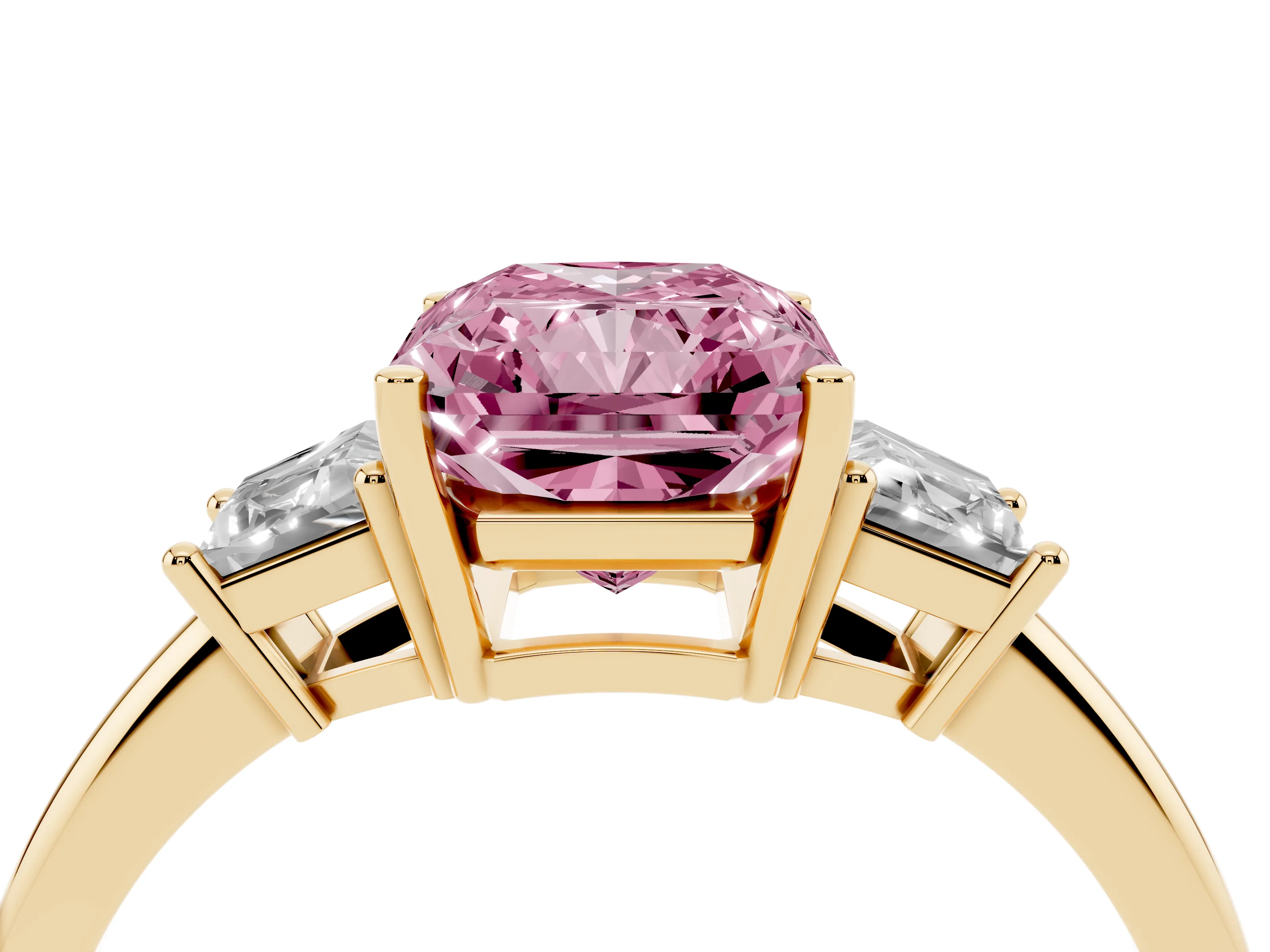 Fancy Pink Radiant Cut Diamond Three-Stone Ring Set in Yellow gold with Trapezoid Side Stones and Prong Setting