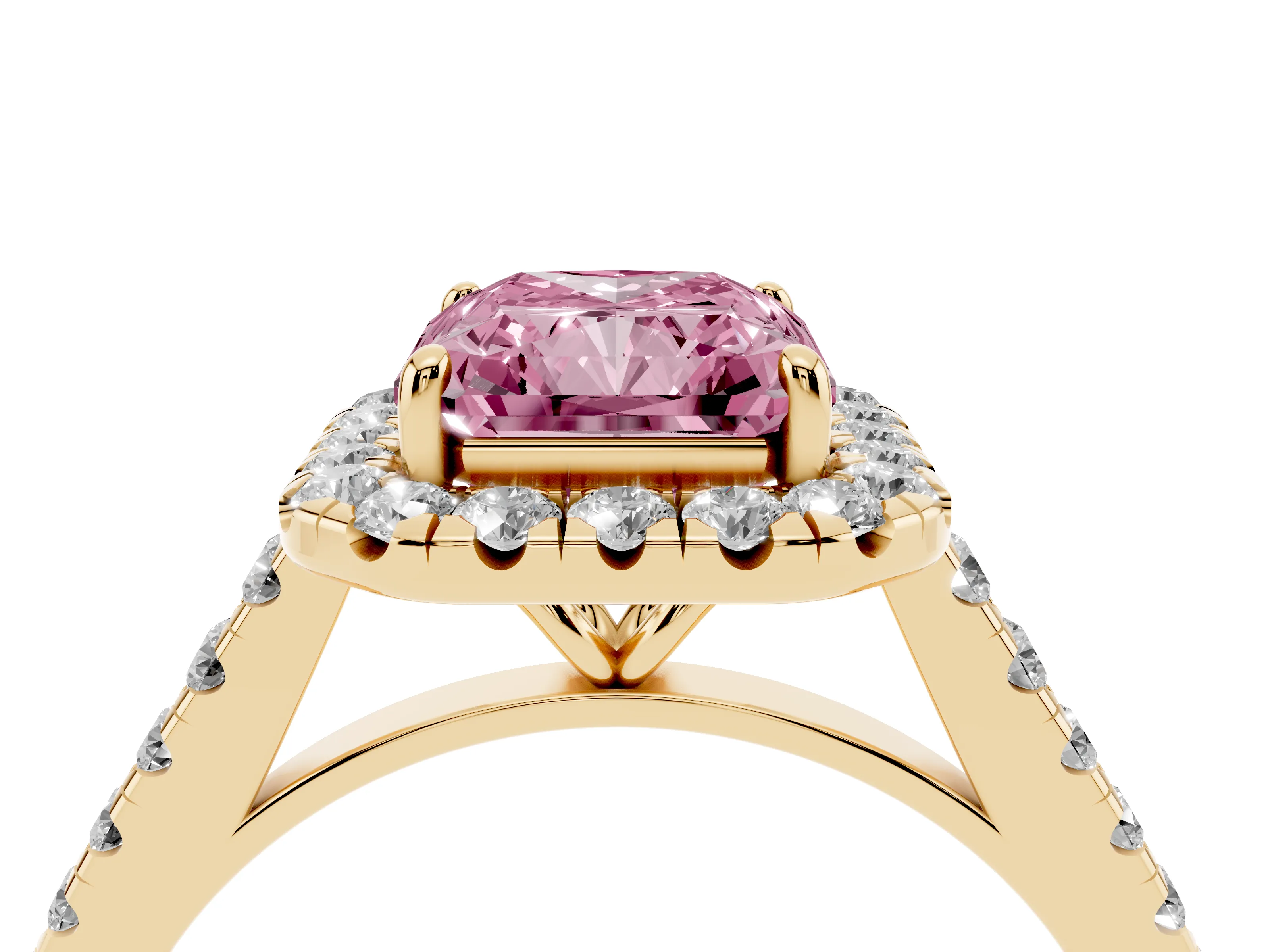 Fancy Pink Radiant Cut Diamond Halo Pavé Engagement Ring Set in Yellow gold with Prong Setting