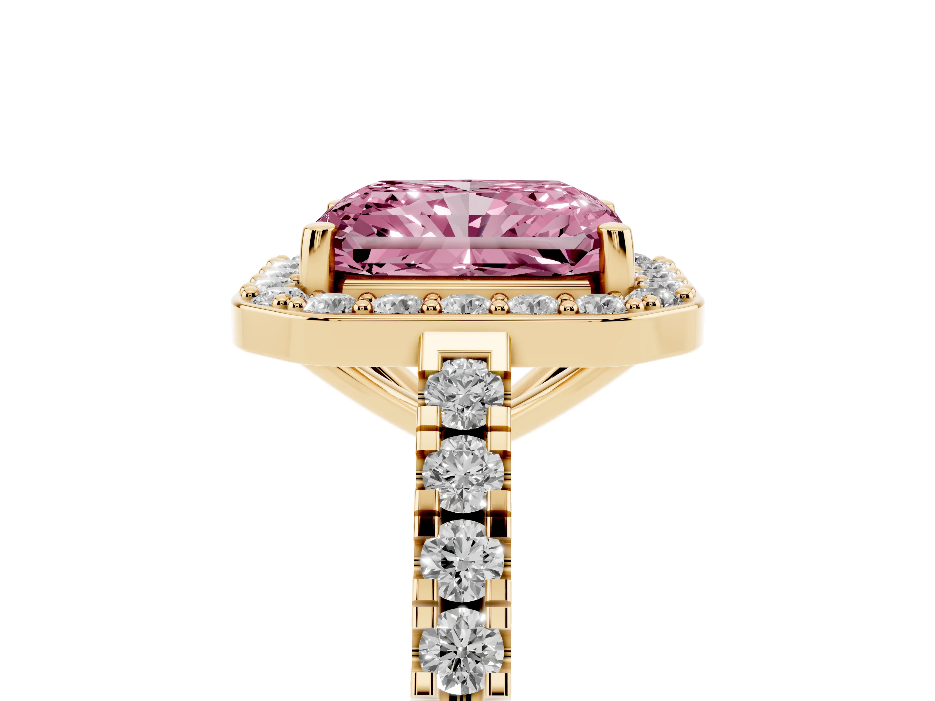 Fancy Pink Radiant Cut Diamond Halo Ring Set in Yellow gold with Round Pavé Split Shank and Prong Setting