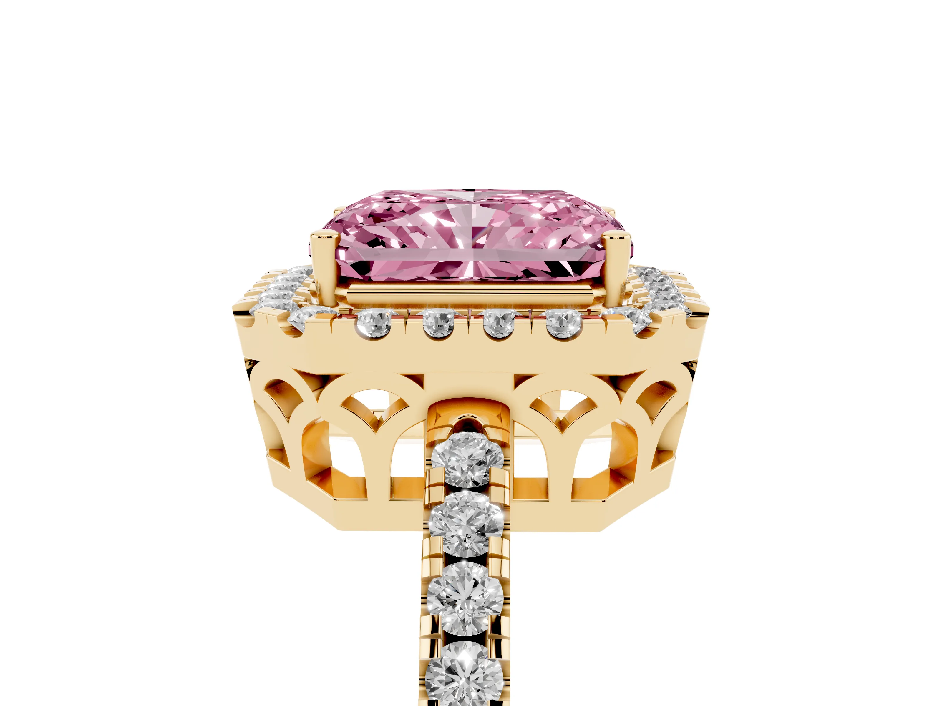 Fancy Pink Radiant Cut Diamond Pavé Band Halo Engagement Ring Set in Yellow gold with Prong Setting
