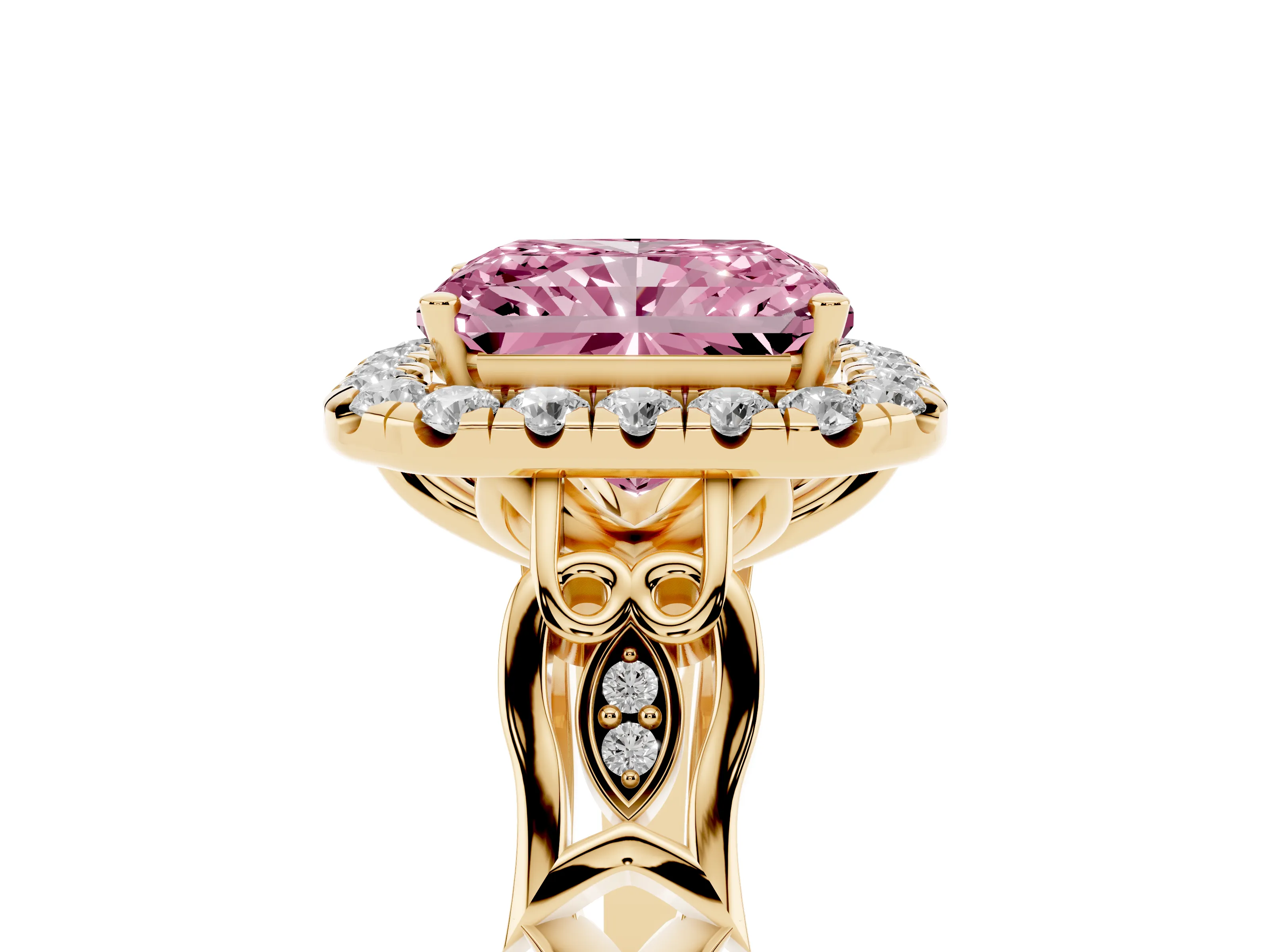 Fancy Pink Radiant Cut Diamond Halo Engagement Ring Set in Yellow gold with Filigree Band and Prong-Set Center