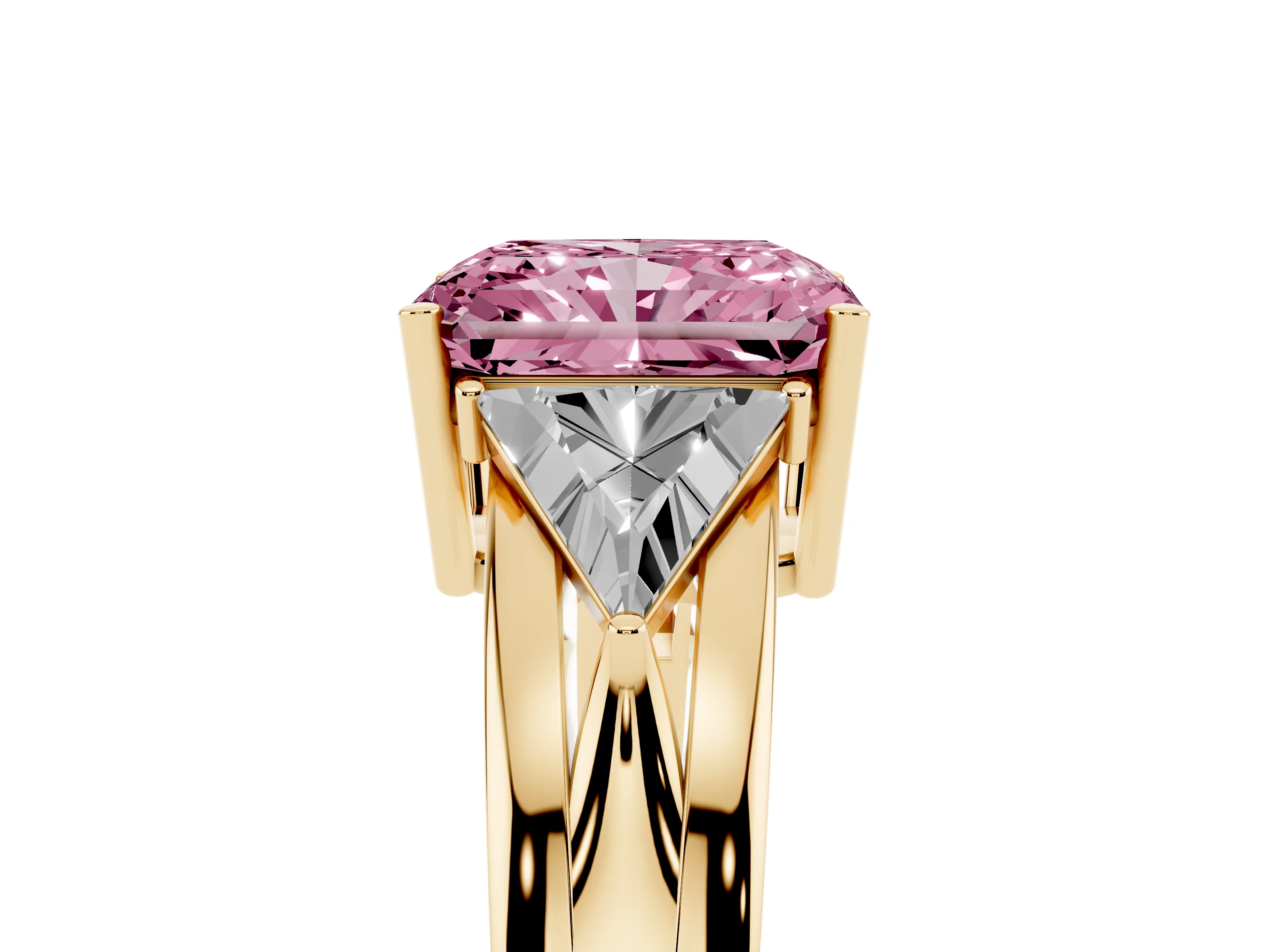 Fancy Pink Radiant Cut Diamond Three-Stone Ring Set in Yellow gold with Trillion Side Stones and Split Shank