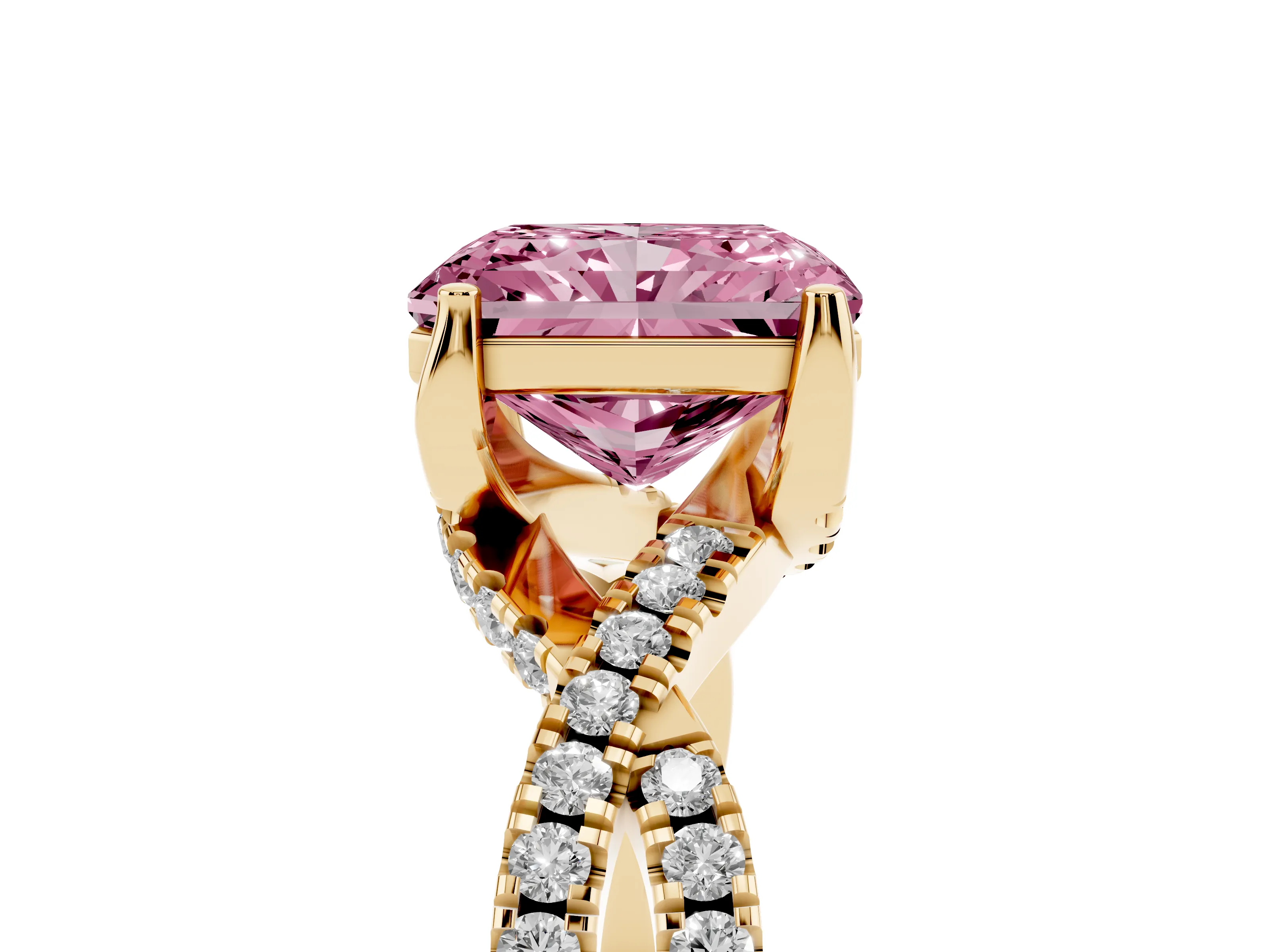 Fancy Pink Radiant Cut Diamond Twist Pavé Solitaire Engagement Ring Set in Yellow gold with Prong Setting