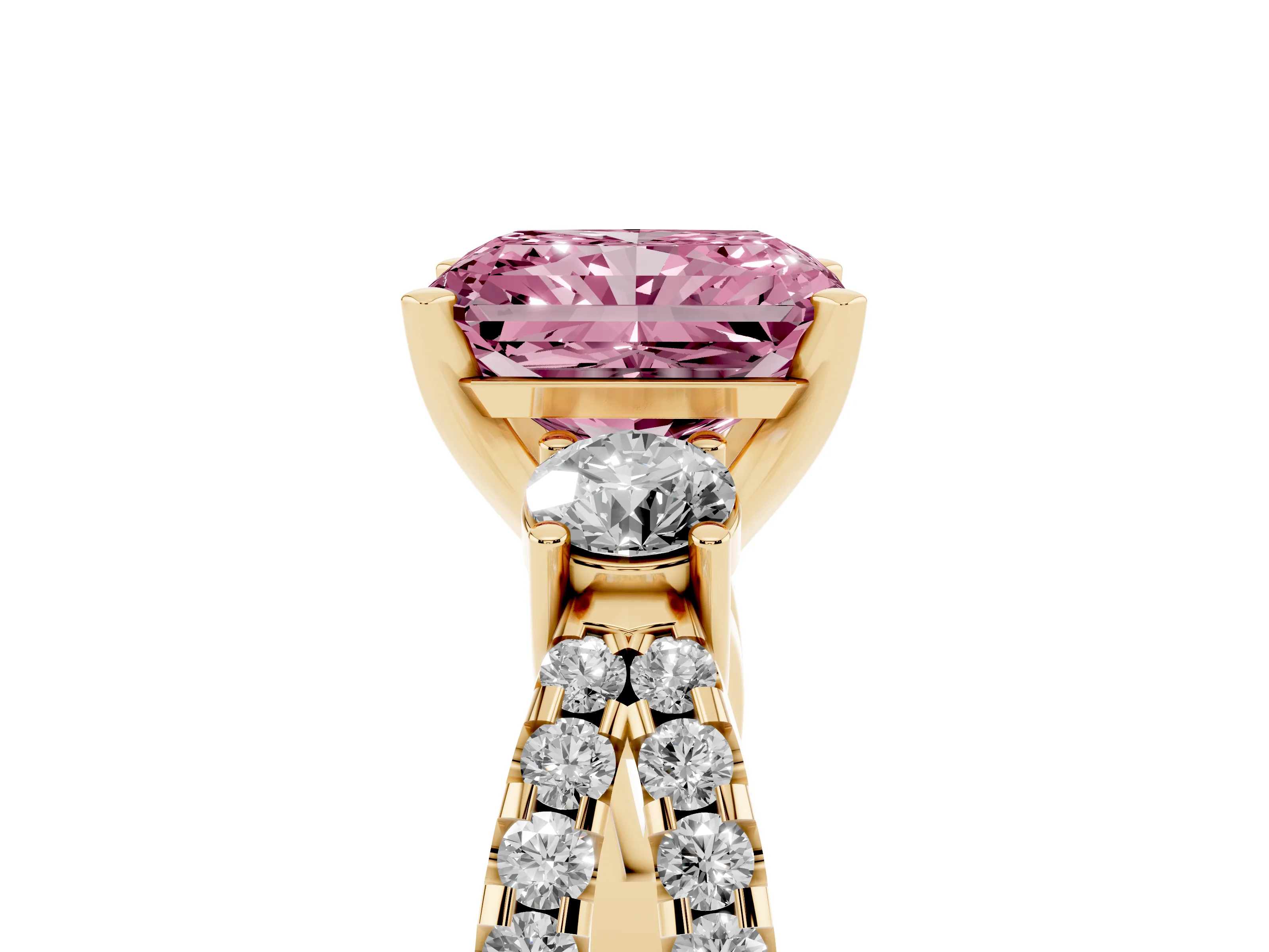 Fancy Pink Radiant Cut Diamond Three-Stone Ring Set in Yellow gold with Pavé Split Shank and Prong Setting