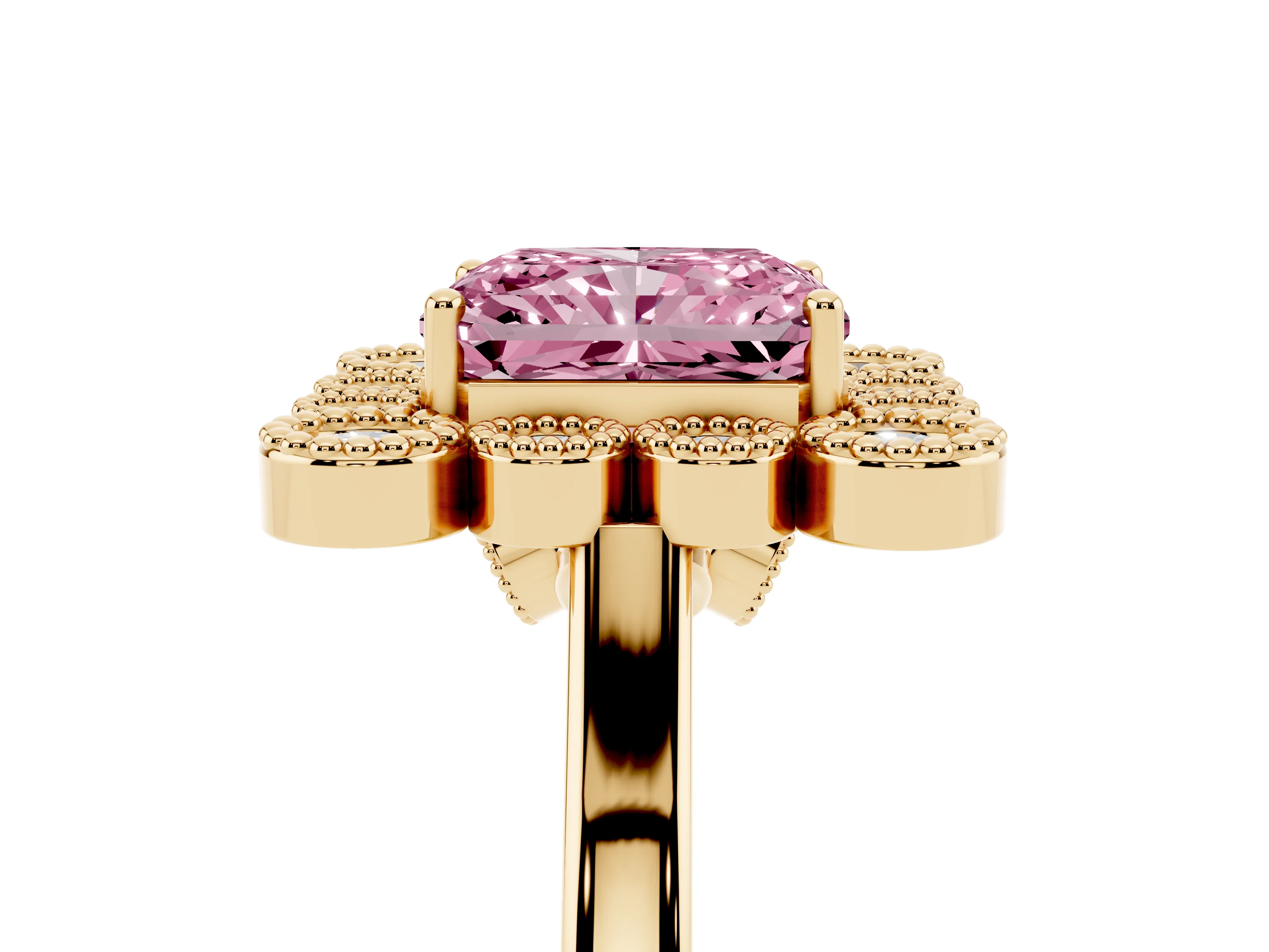 Fancy Pink Radiant Cut Diamond Cluster Halo Ring Set in Yellow gold with Milgrain Bezel Accents and Plain Band