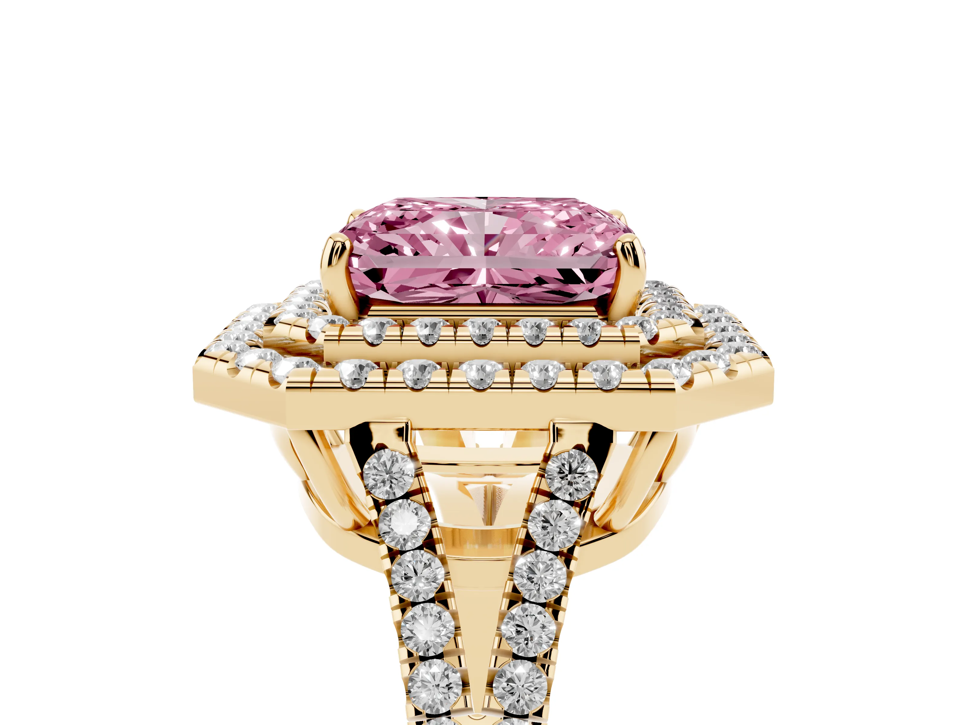 Fancy Pink Radiant Cut Diamond Double Halo Ring Set in Yellow gold with Pavé Band
