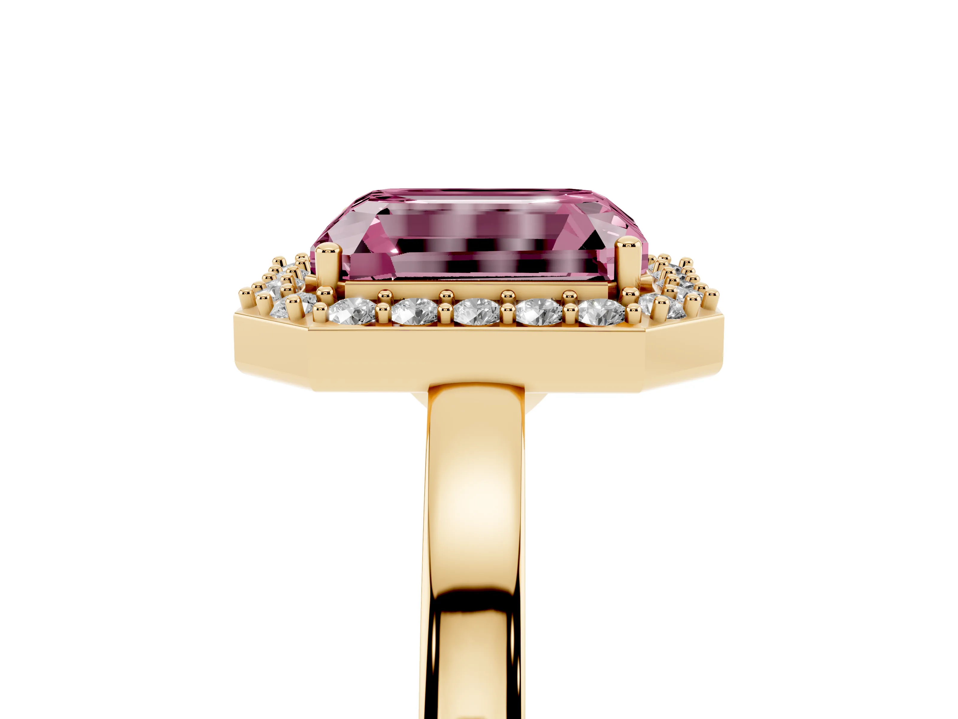 Fancy Pink Radiant Cut Diamond Halo Ring Set in Yellow gold with Solitaire Band and Prong Setting