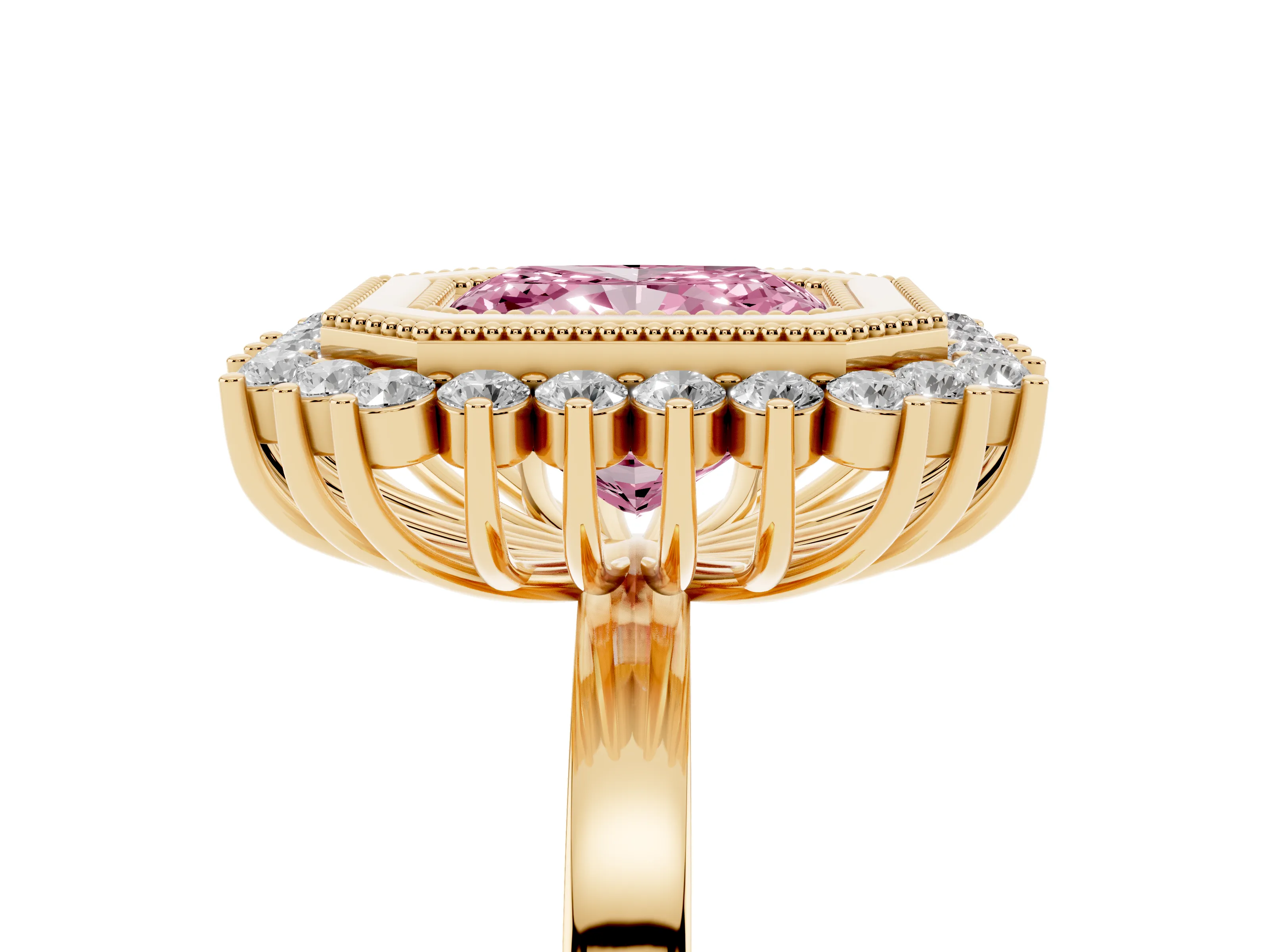 Fancy Pink Radiant Cut Diamond Halo Ring Set in Yellow gold with Milgrain Edge and Round Prong Setting