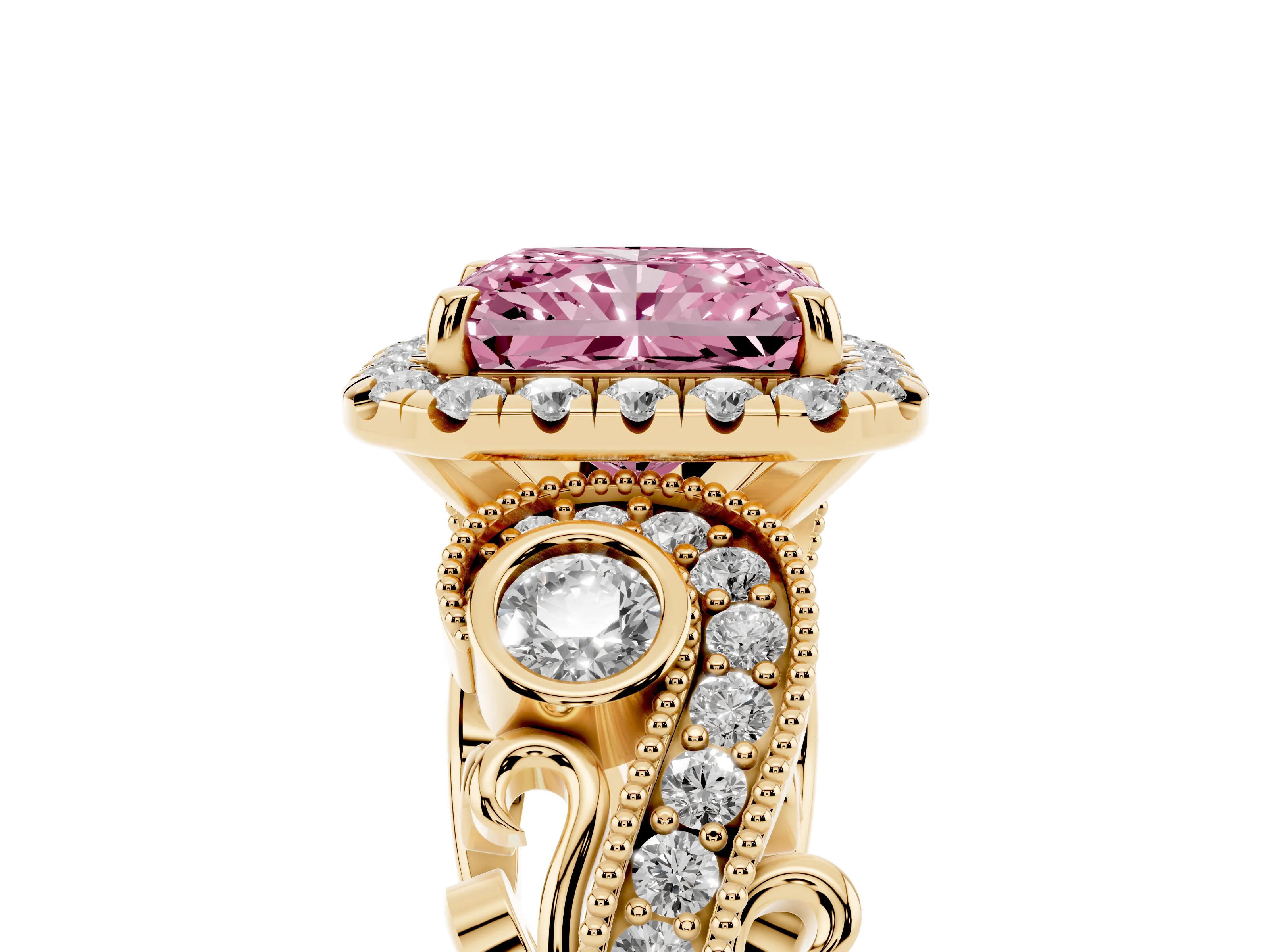 Fancy Pink Radiant Cut Diamond Halo Ring Set in Yellow gold with Milgrain Pavé Band and Prong Setting