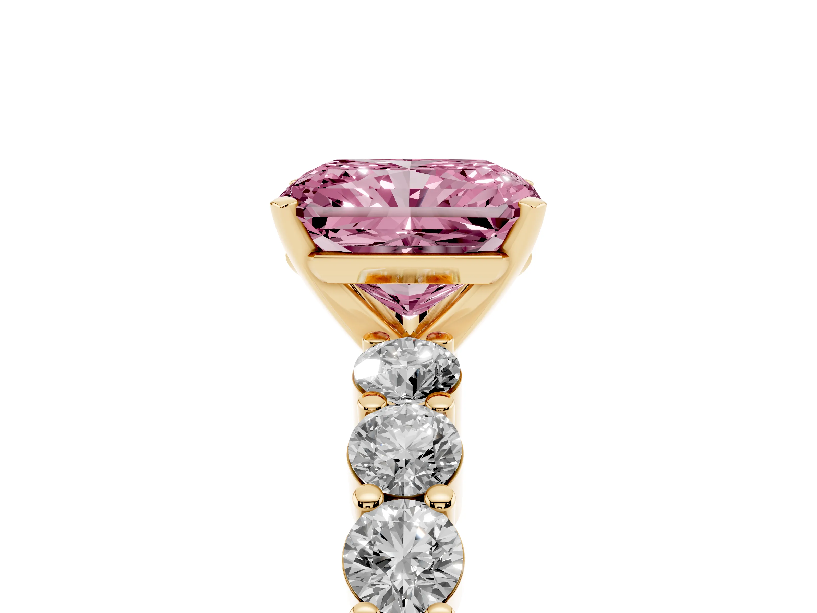 Fancy Pink Radiant Cut Diamond Solitaire Ring Set in Yellow gold with Shared Prong Round Side Stones