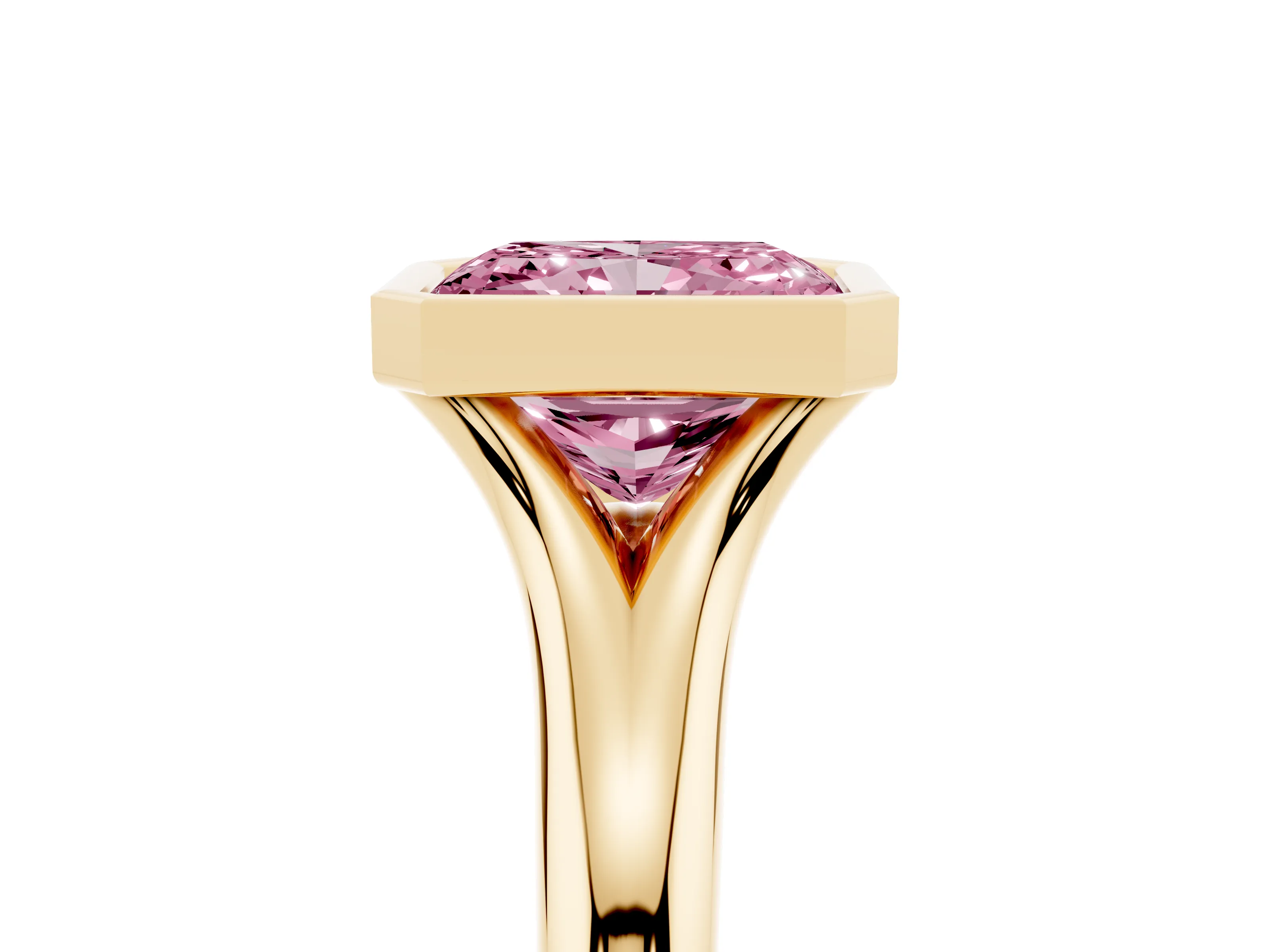 Fancy Pink Bezel Set Radiant Cut Diamond Solitaire Ring Set in Yellow gold with Smooth Band