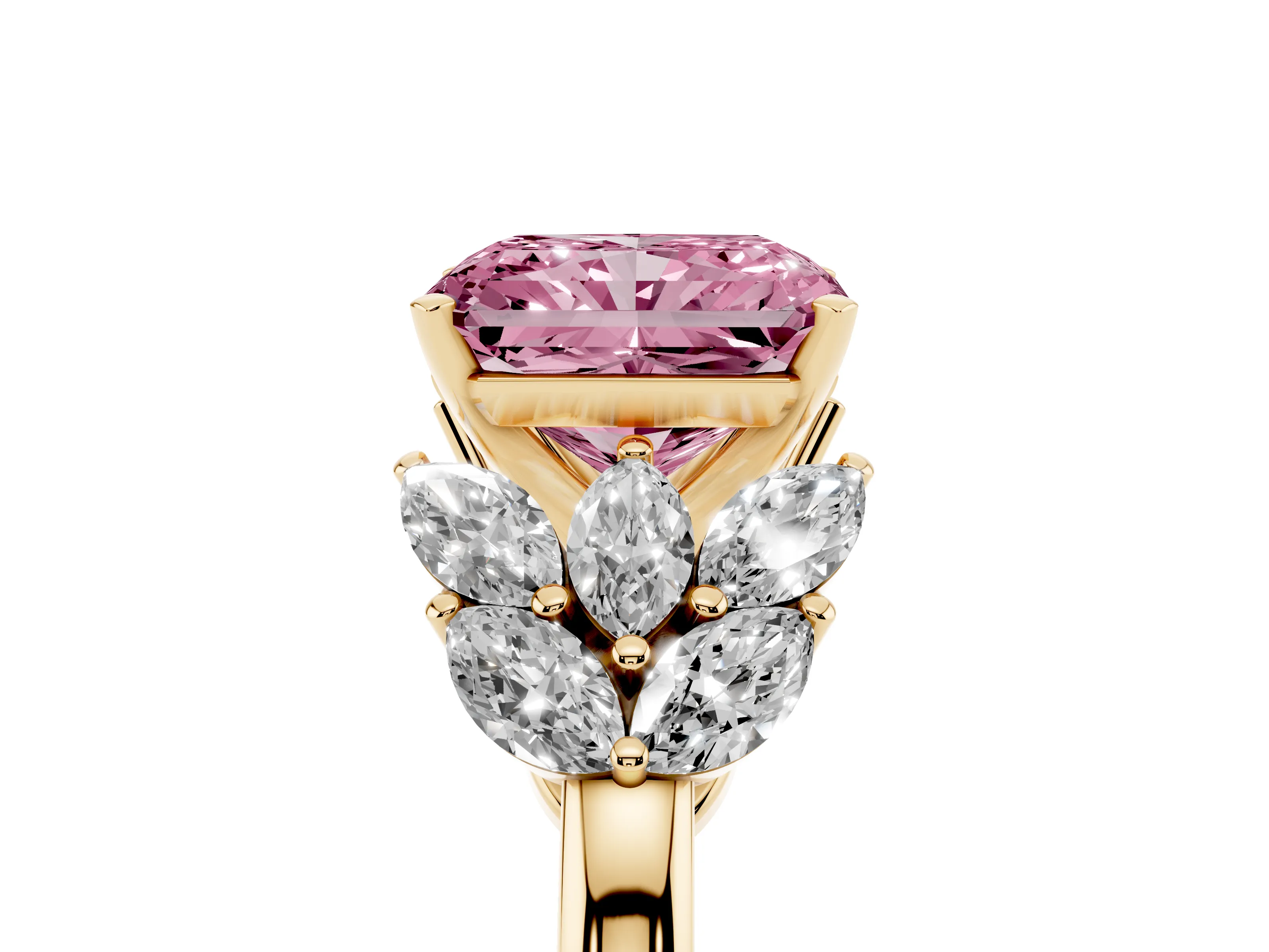 Fancy Pink Radiant Cut Diamond Cluster Leaf Design Ring Set in Yellow gold with Prong Setting