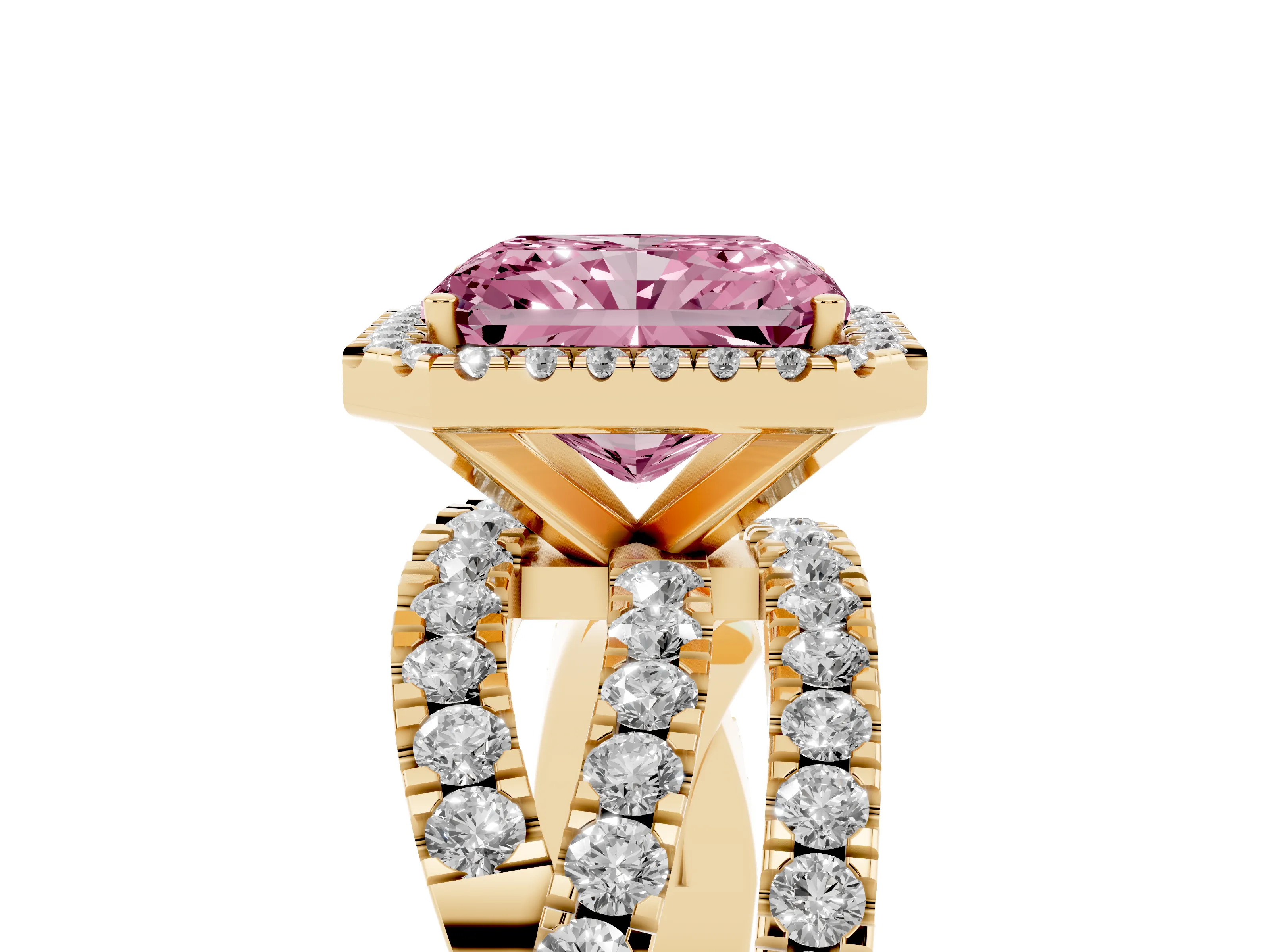 Fancy Pink Radiant Cut Diamond Halo Ring Set in Yellow gold with Round Crossover Split Shank and Prong Setting