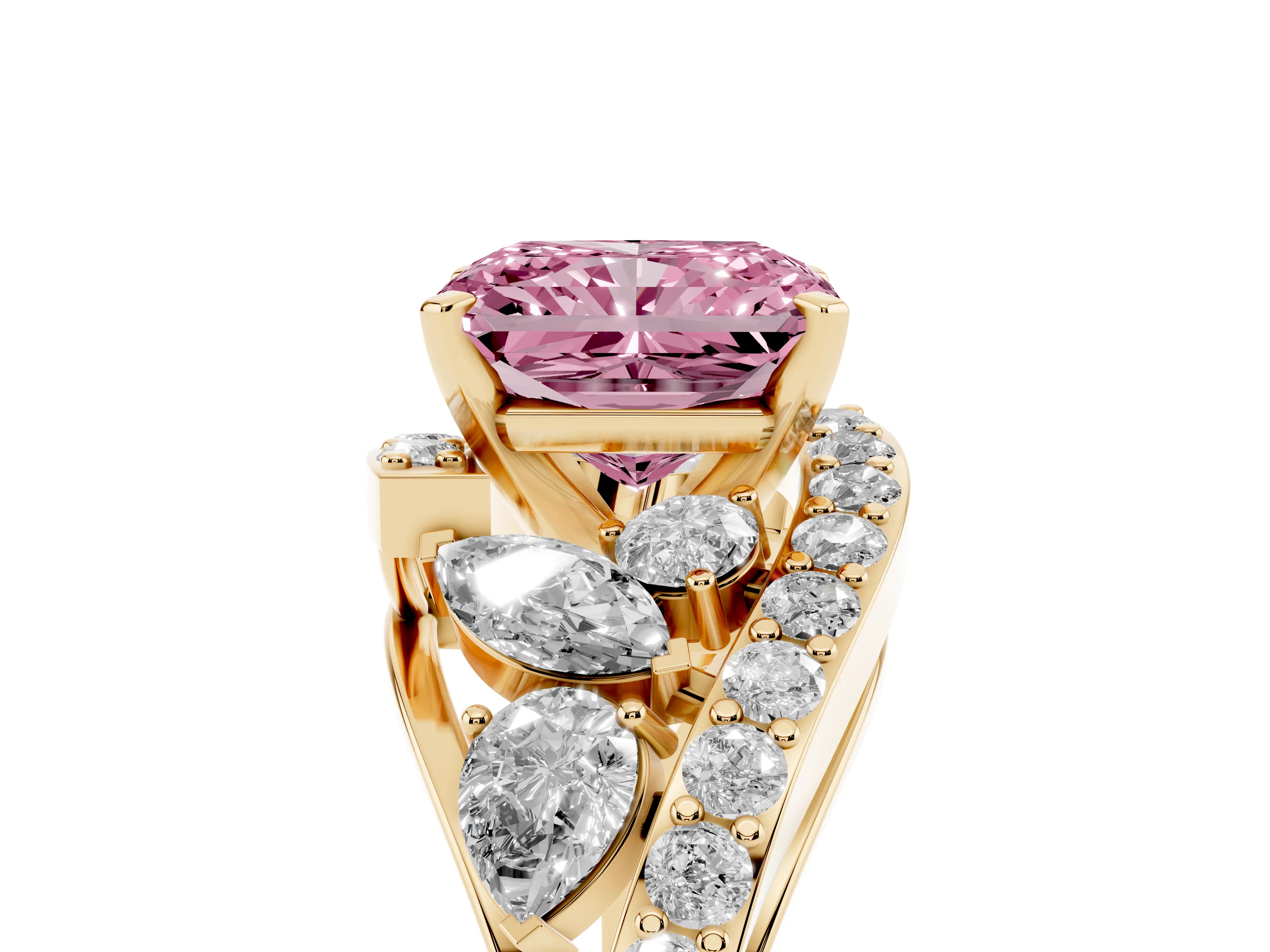 Fancy Pink Radiant Cut Diamond Halo Ring Set in Yellow gold with Marquise and Pavé Band in Prong Setting