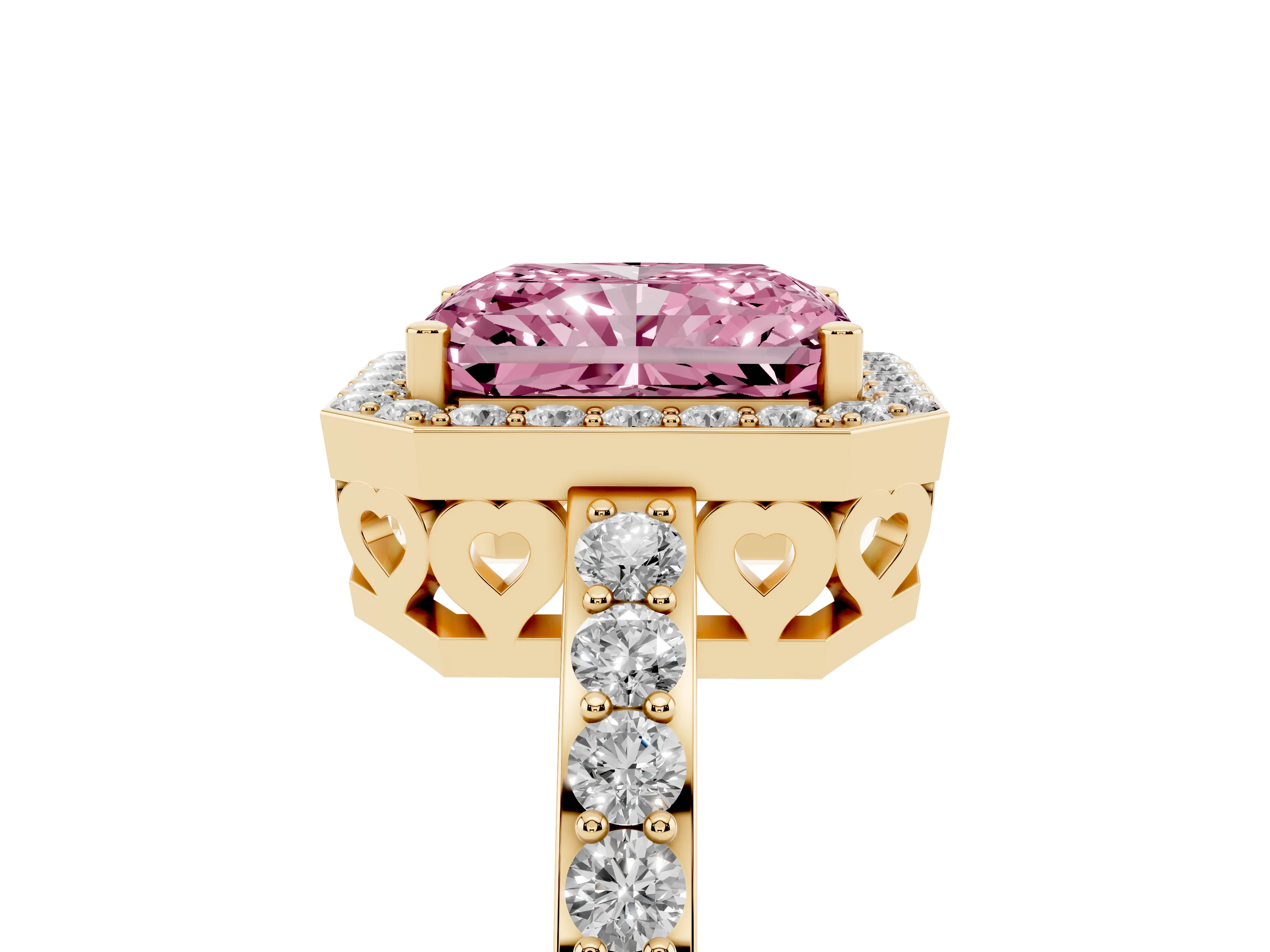 Fancy Pink Radiant Cut Diamond Halo Ring Set in Yellow gold with Pavé-Setting Band and Open Prong Center