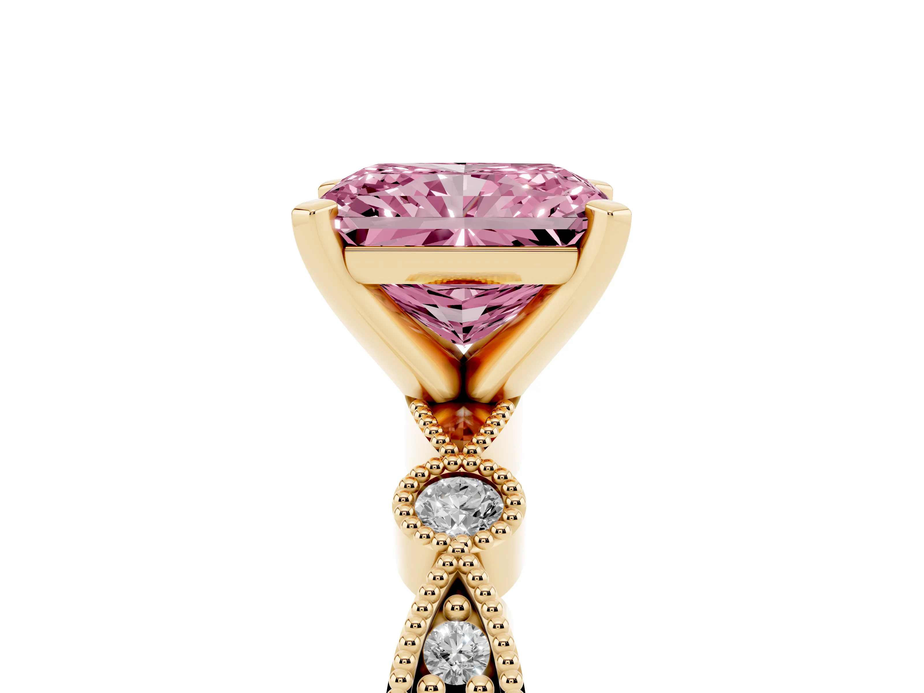 Fancy Pink Radiant Cut Diamond Solitaire Engagement Ring Set in Yellow gold with Milgrain Bezel Accent Band