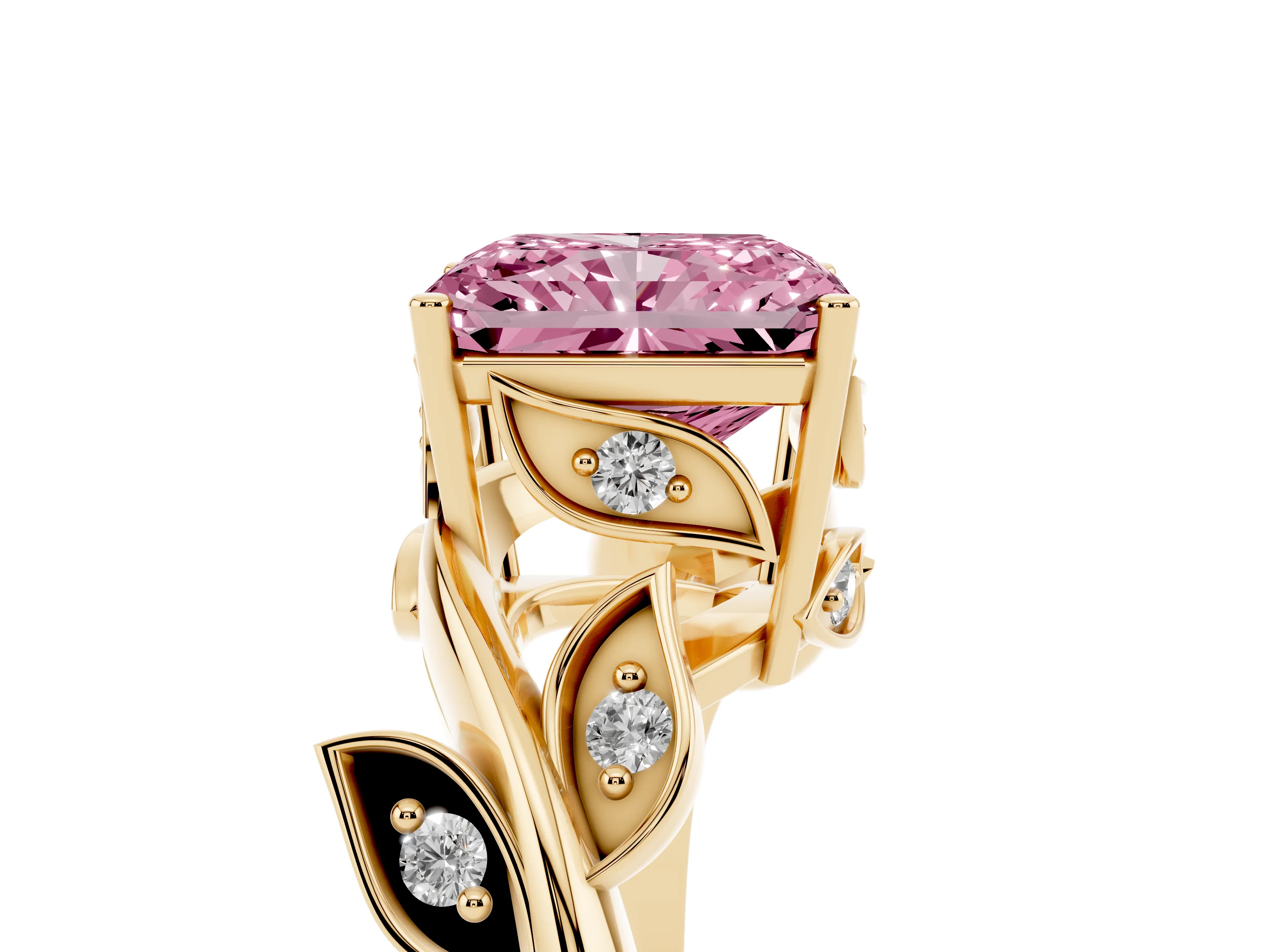 Fancy Pink Radiant Cut Diamond Solitaire Twist Engagement Ring Set in Yellow gold with Pavé Leaf Accents